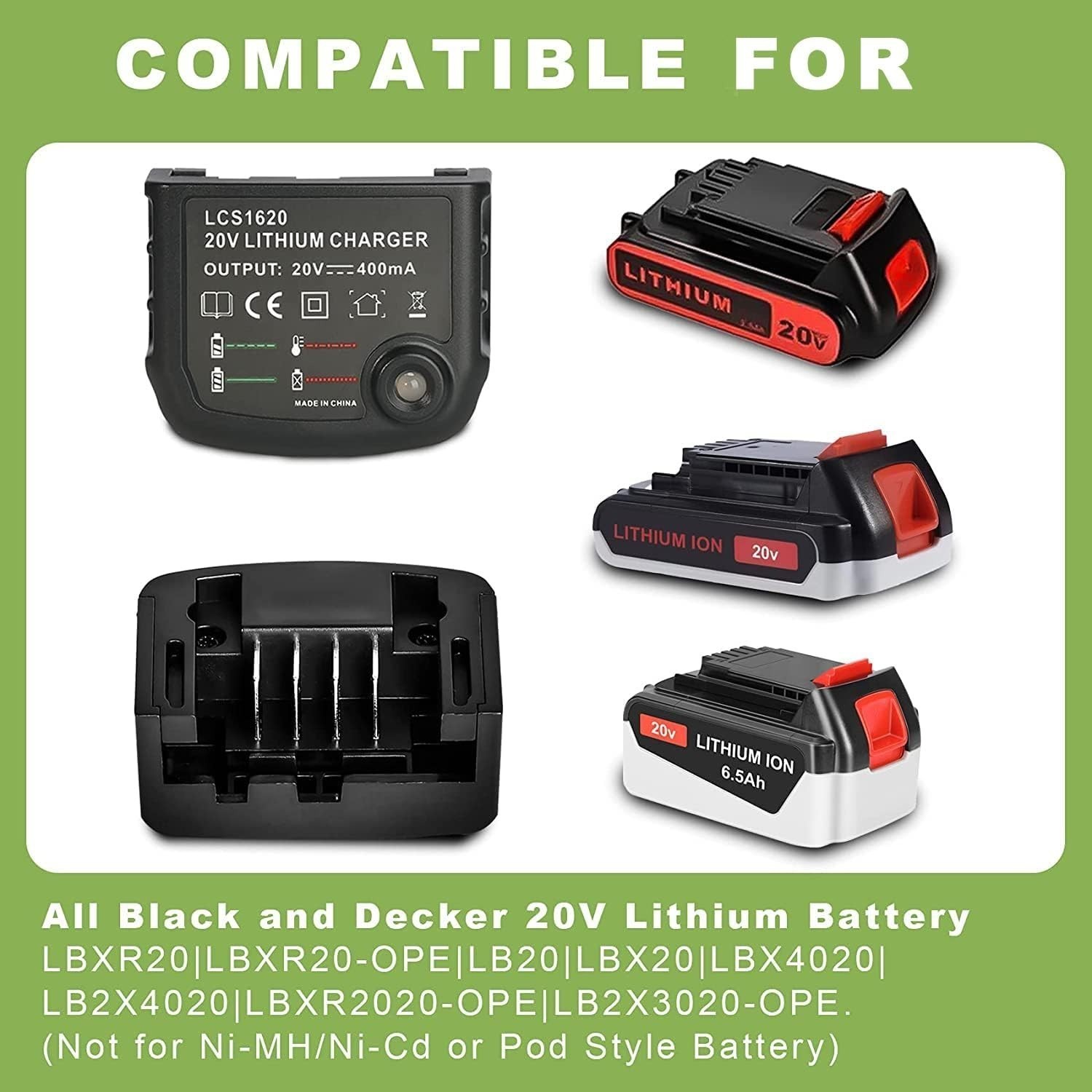 Replacement Charger for Black and Decker 20V Max Lithium Battery LBXR20 LB20 LED