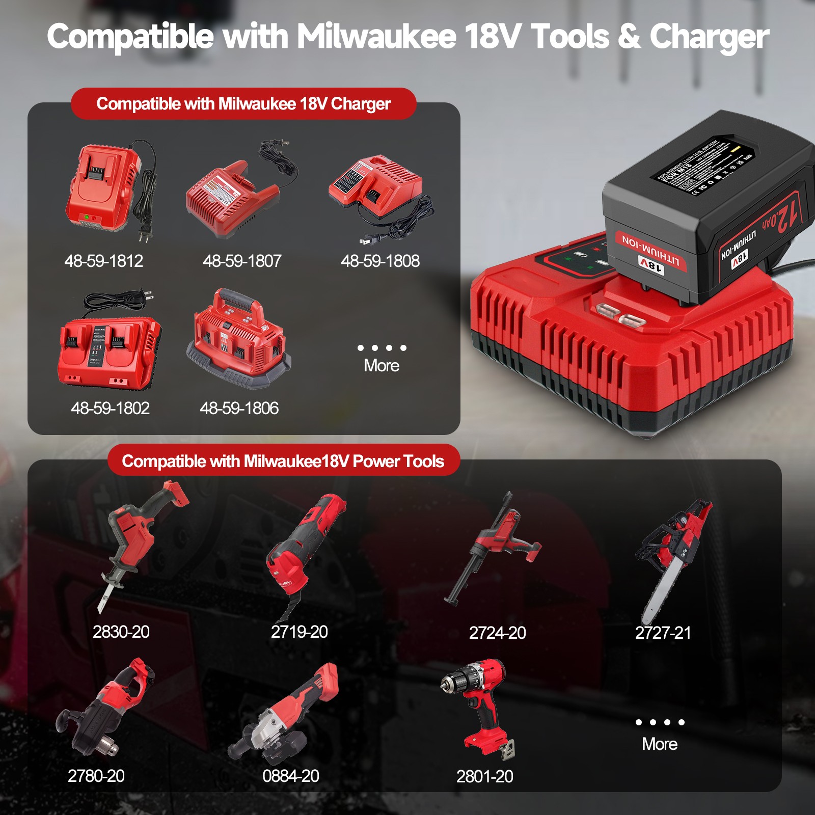 12.0Ah Battery For Milwaukee for M18 Extended Lithium 8.0Ah 48-11-1880 Charger