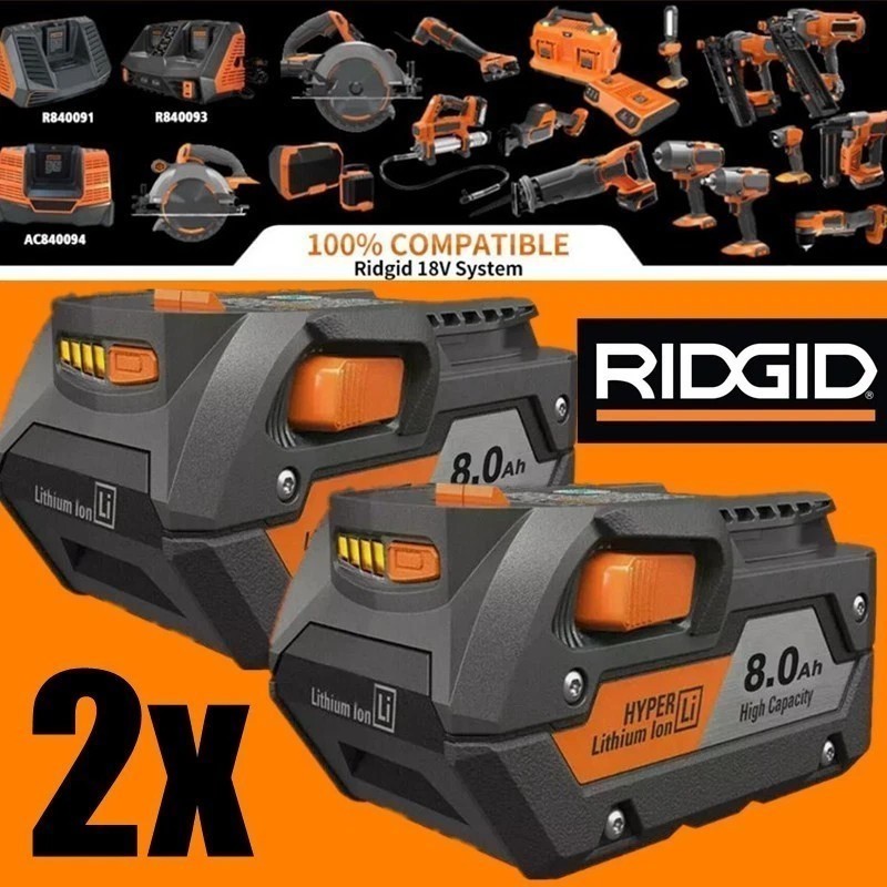 New 2X For Ridgid R840087 8.0Ah Lithium Battery Rigid 18Volt R840085 Power Tool