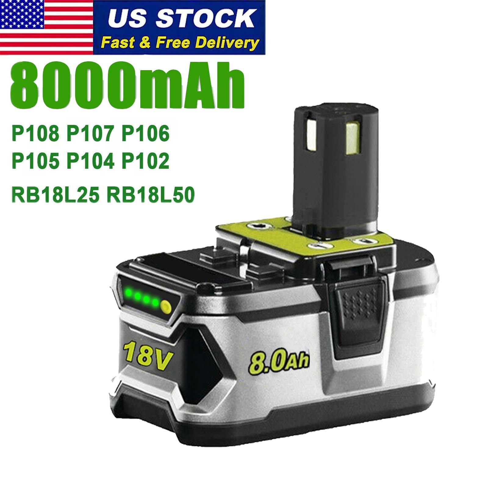 18V For RYOBI P108 For One & Plus High Capacity 8.0Ah Li-Ion Battery / Charger