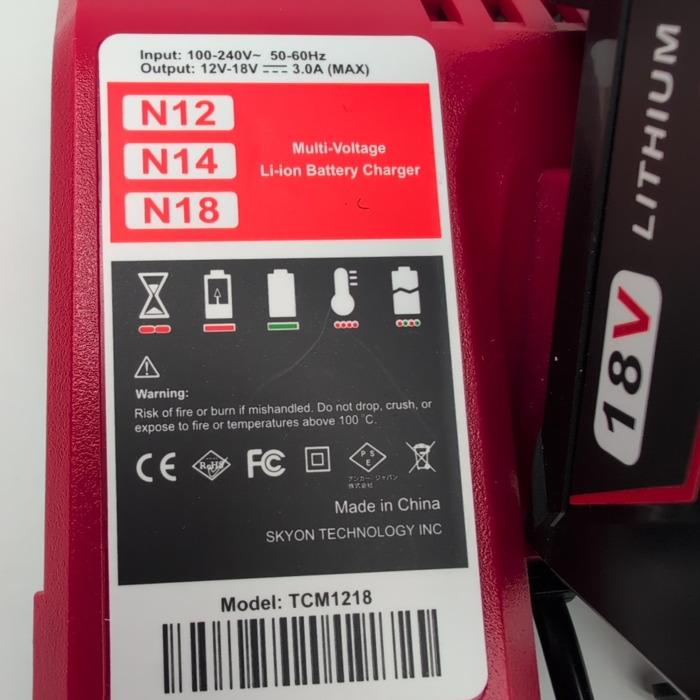 Skyon Technology Model TCM1218 Multi Voltage Charger For Milwaukee M12&M18 New