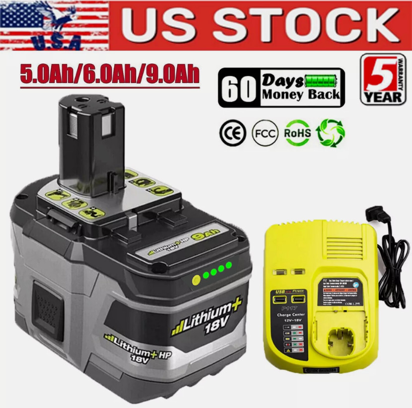 For RYOBI 18V 5Ah 7Ah 9Ah P108 P109 High Capacity Li-ion Battery or P117 Charger