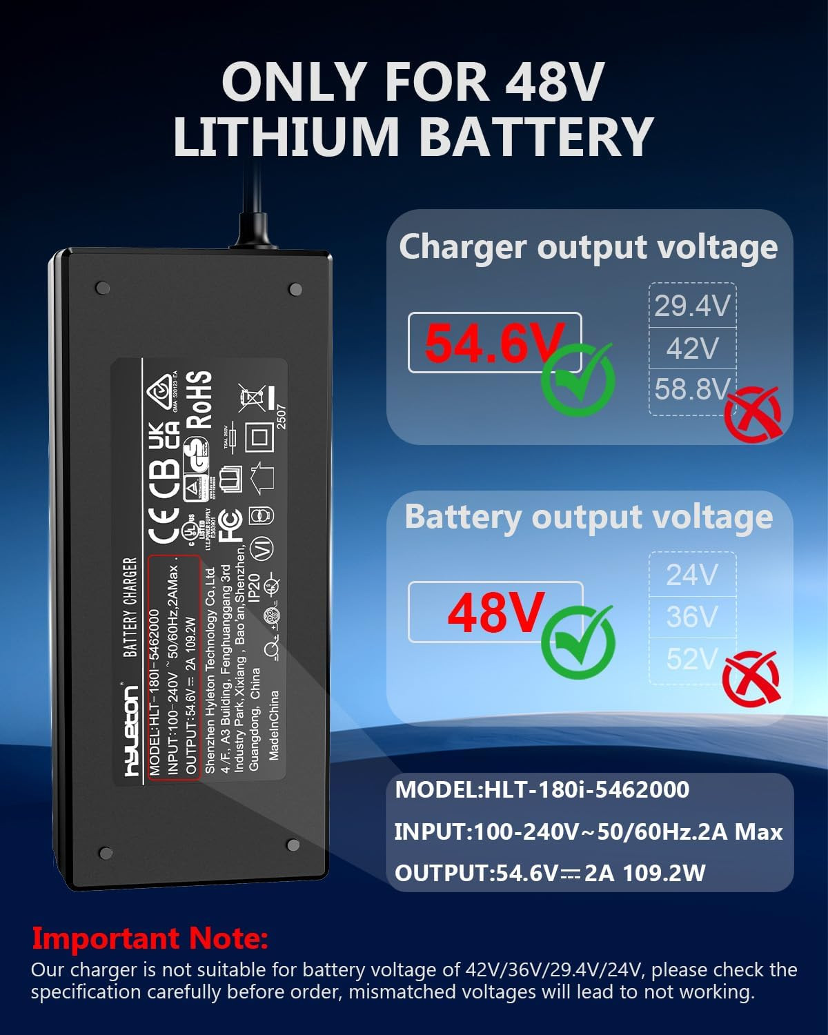 48V Lithium Battery Charger – UL Certified 54.6V 2A Fast Charger for Electric Bi