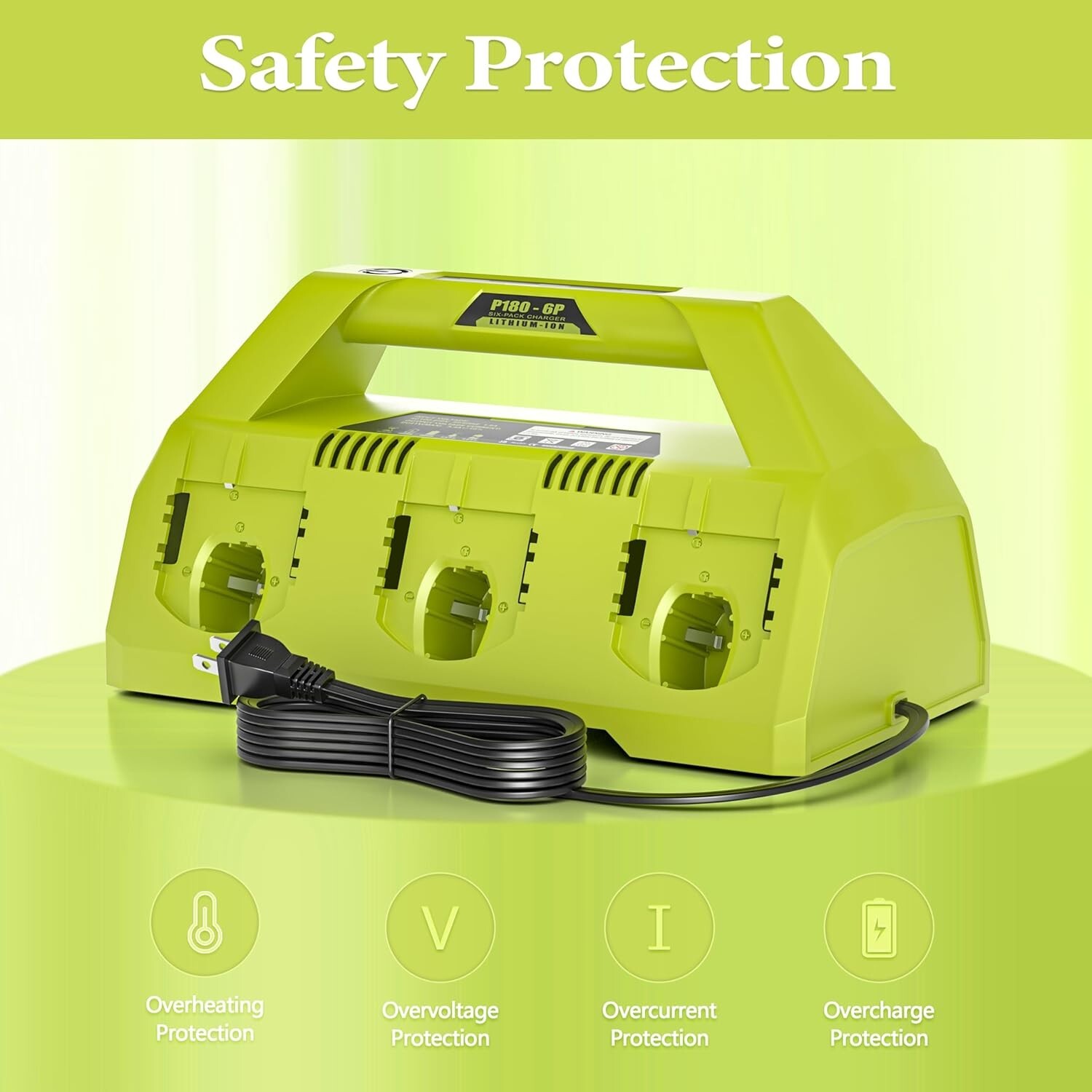 18V 6-Port Charger P180 for Ryobi One+ 12V-18V Li-Ion/NiCd/NiMH (P102/P108/P180）