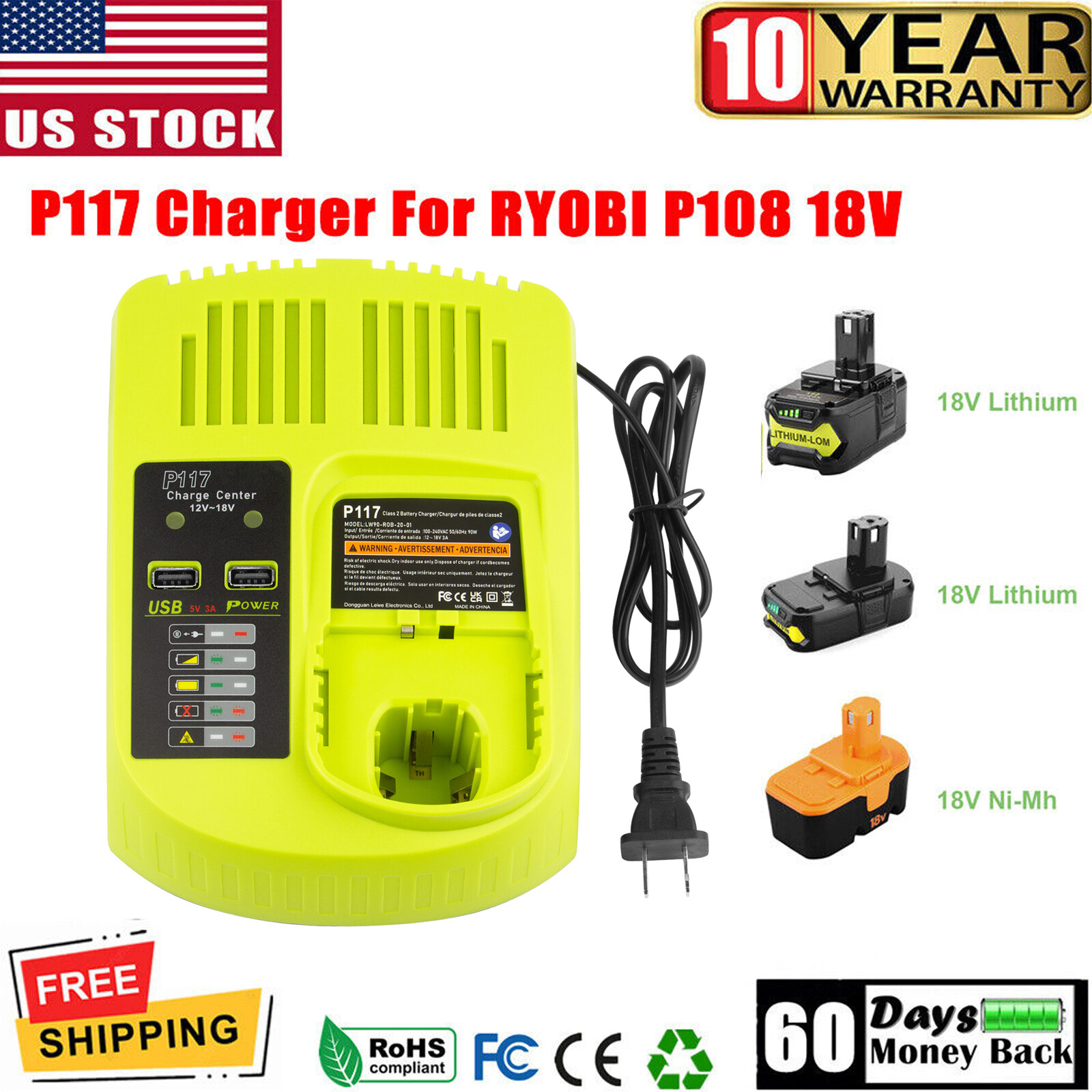 P117 Charger For RYOBI P108 18V P102 P109 P107 P103 High Capacity Li-ion Battery