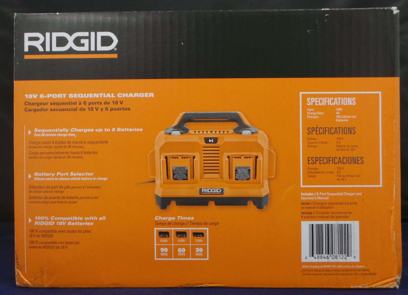 RIDGID 18V Lithium-Ion 6-Port Sequential battery Charger (Tool-Only) BRAND NEW