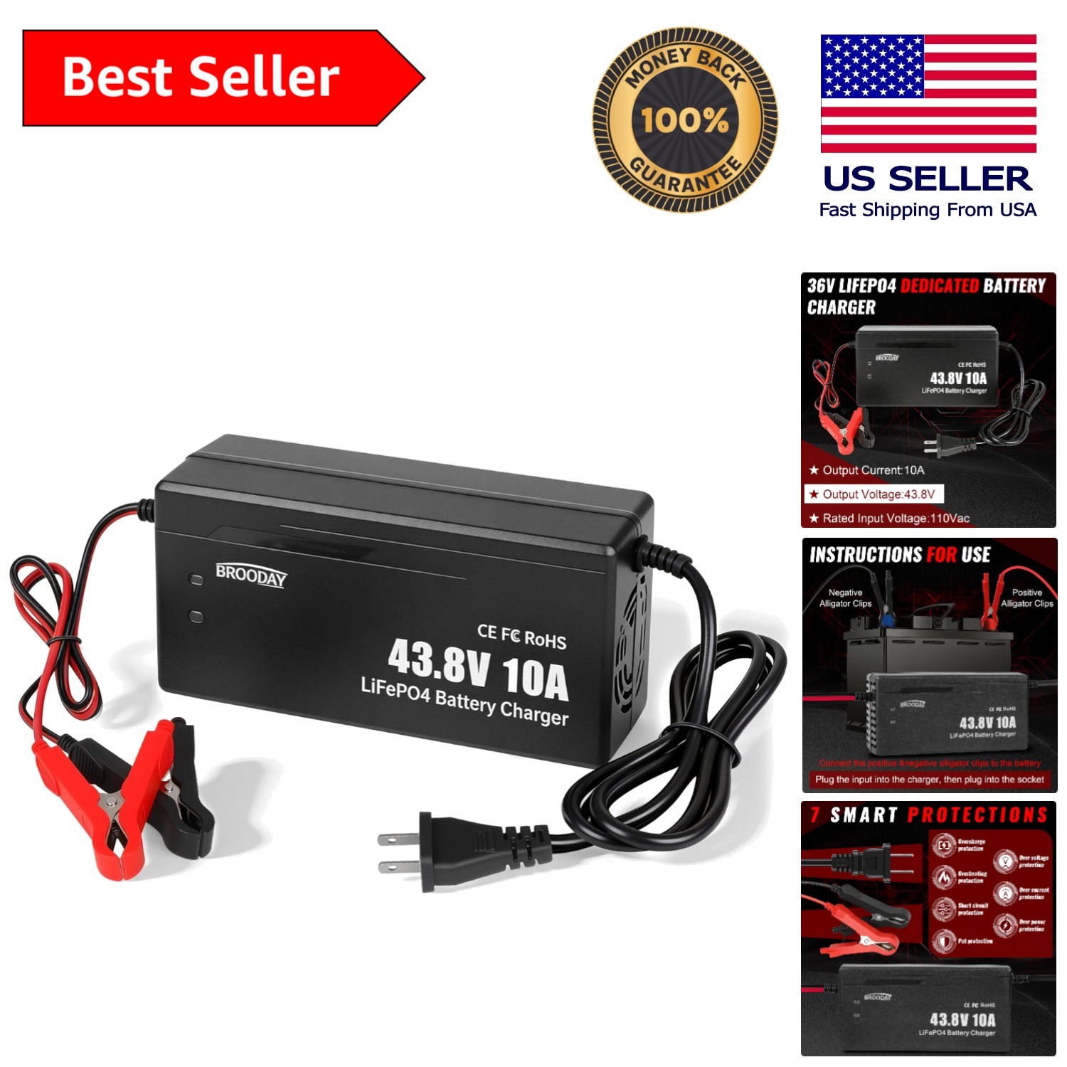 43.8V Fast Charging Lithium Battery Charger – 10A Safety Protection Included
