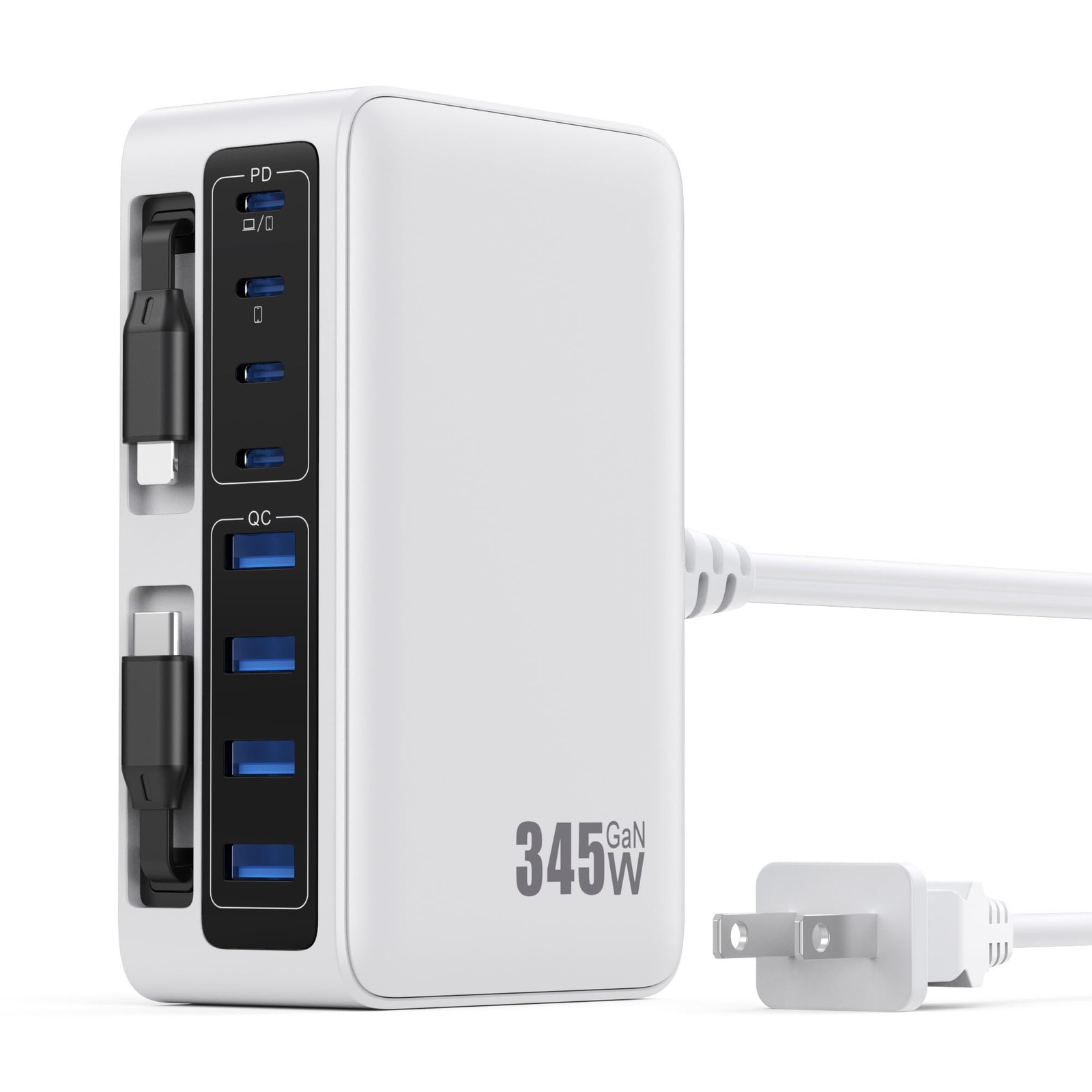 Feob 345W Usb C Charger Block 2 Built-In Retractable Cables10-In-1 Gan Iv Usb C