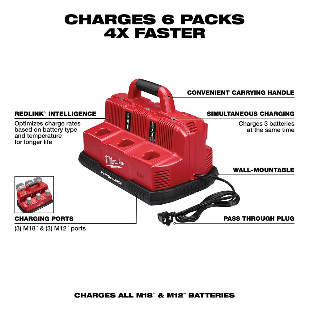 Milwaukee 48-59-1807 M18 & M12 Rapid Charge Station ((3) M18 & (3) M12 Packs)