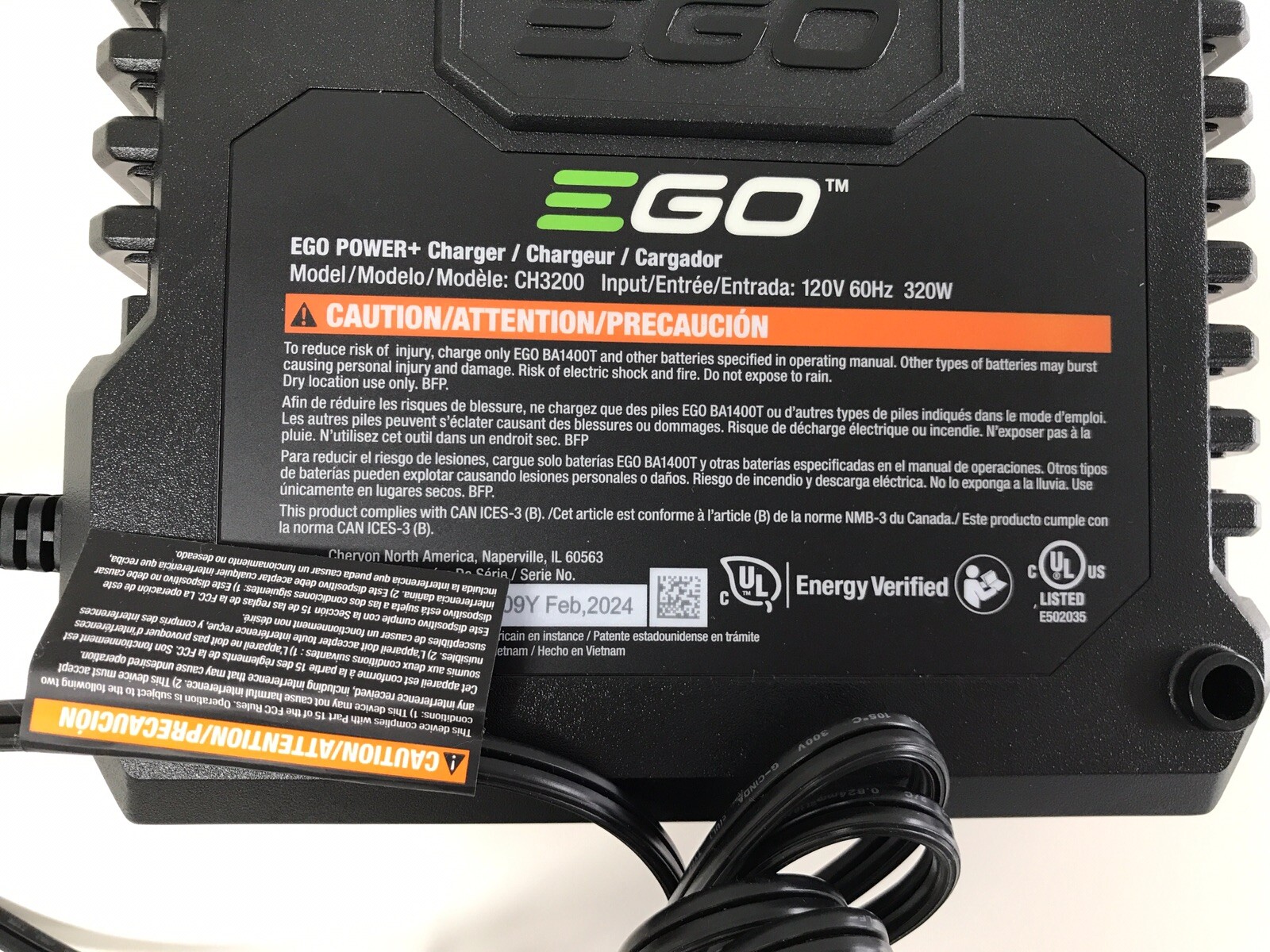 Ego Power CH3200 Charger Arc Lithium 56V 320W EGO POWER+ Charger Feb. 20024