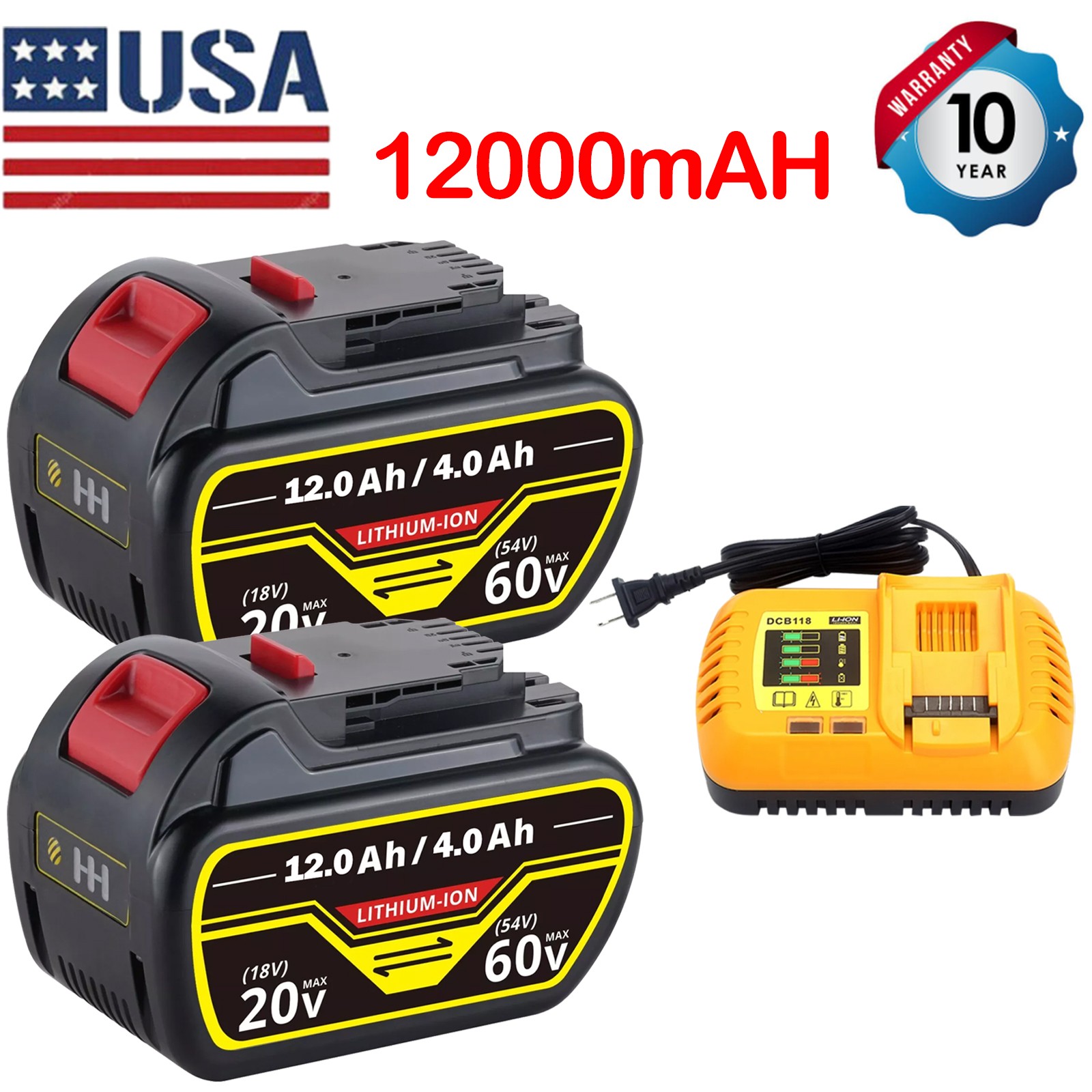 2PCS 12Ah Replacement DCB606-2 Battery for Dewalt 20V 60V Max Battery & Charger/