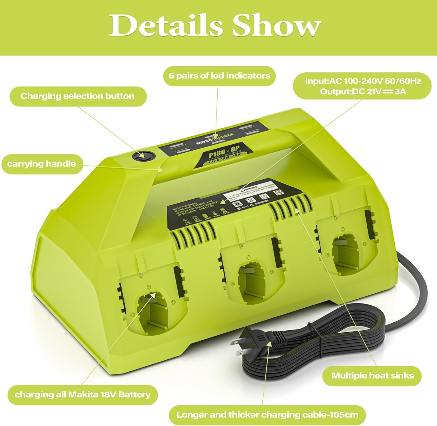 18V 6-Port Charger P180 for Ryobi One+ 12V-18V Li-Ion/NiCd/NiMH (P102/P108/P180）