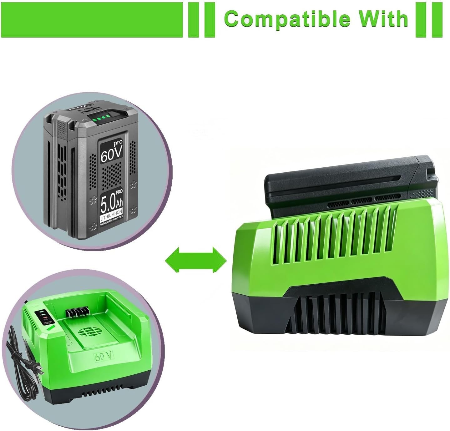 Quick Charge Greenworks 60V Charger with LED Indicator & Safety Features