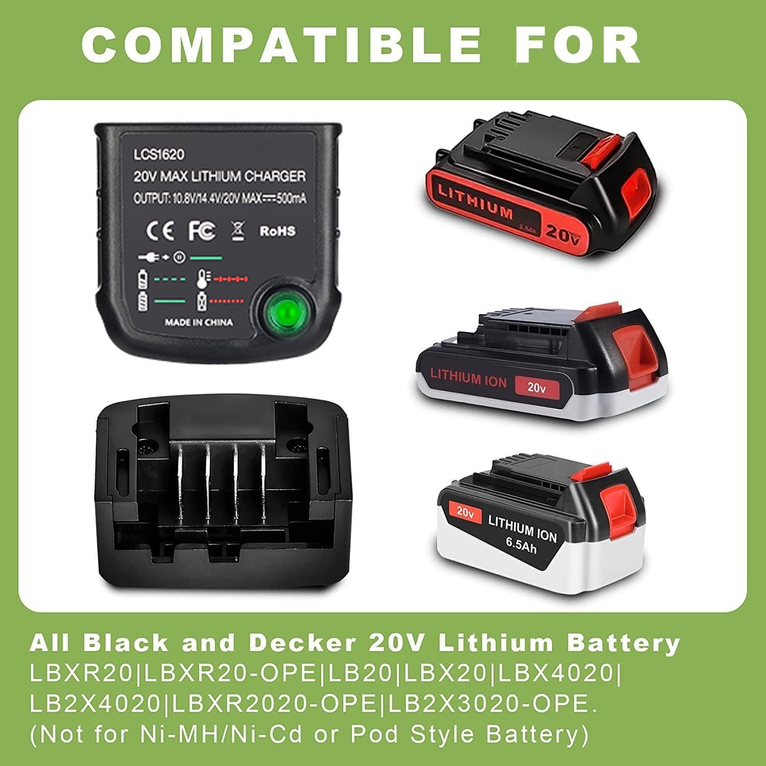 LCS1620 Charger for Black and Decker 20v max Charger 20V Lithium Battery LBXR20
