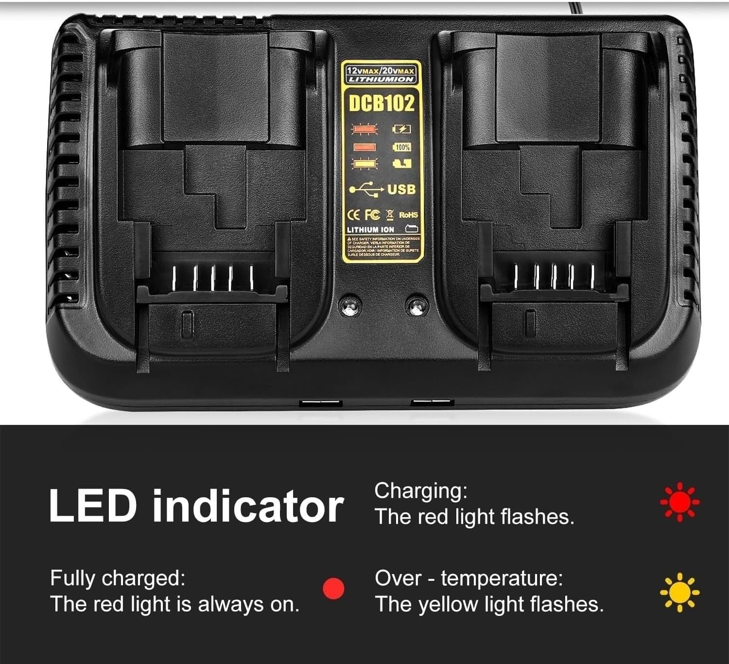 DCB102 Dual Port Rapid Charger for Dewalt 12V 20V MAX Lithium DCB205 DCB206