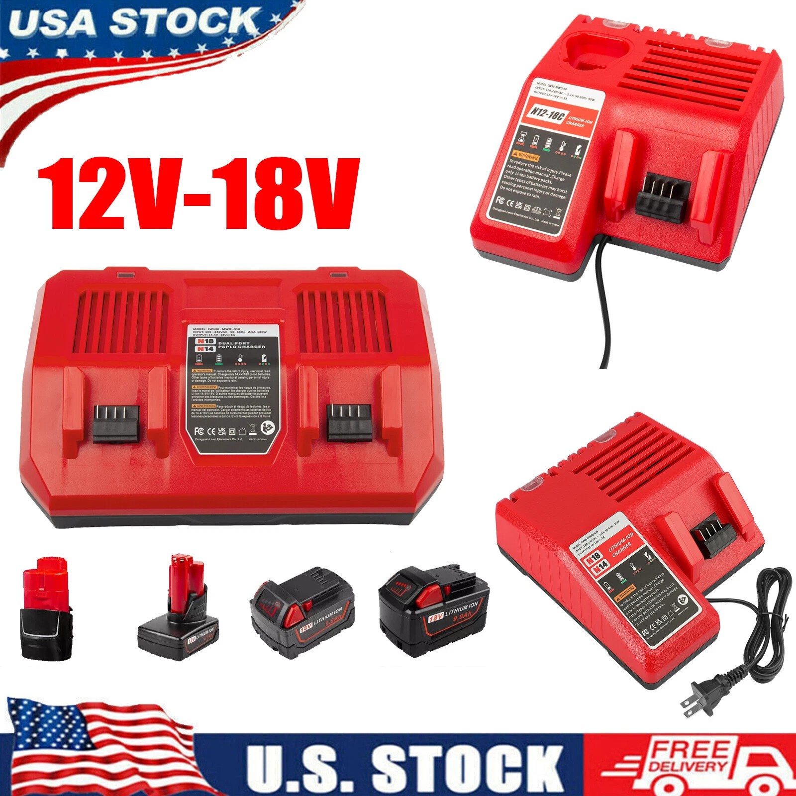 For Milwaukee For M18 For M12 12V-18V Dual Voltage Battery Charger 48-59-1812