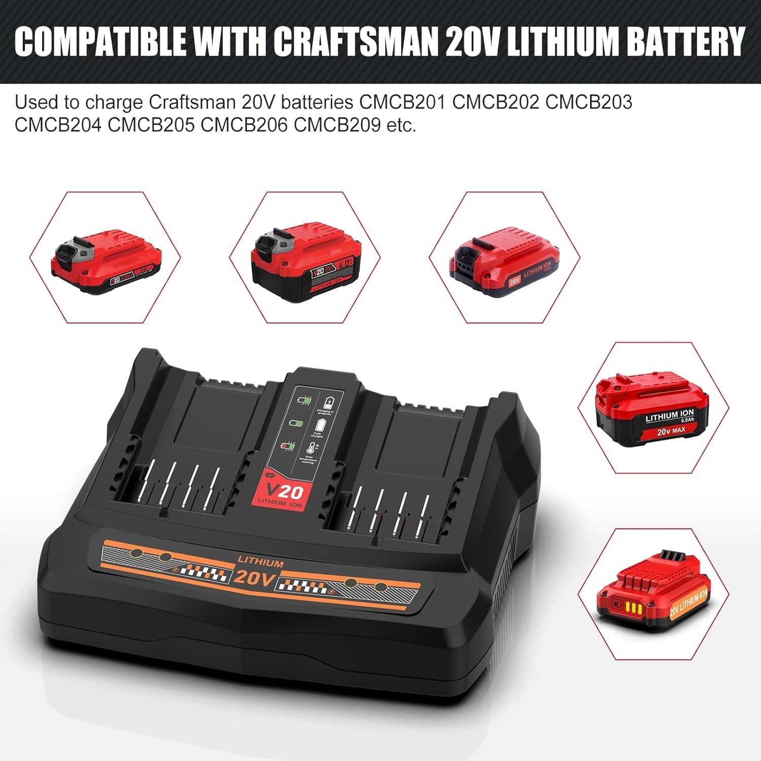 For Craftsman CMCB124 20V Dual Fast Charger V20 Lithium Battery CMCB202 CMCB104
