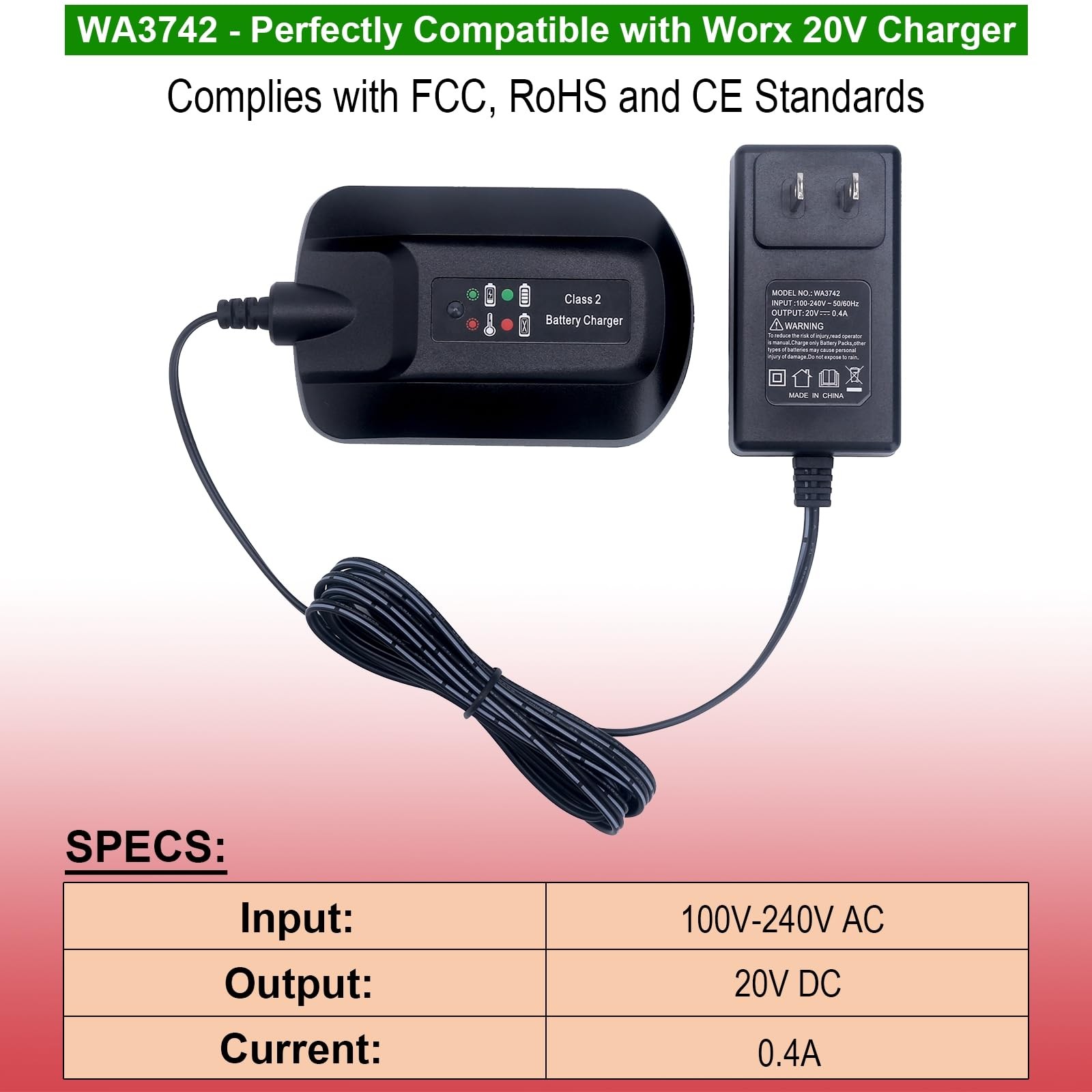 Compatible with Worx 20V Lithium Battery Charger, WA3742 Charger Compatible with