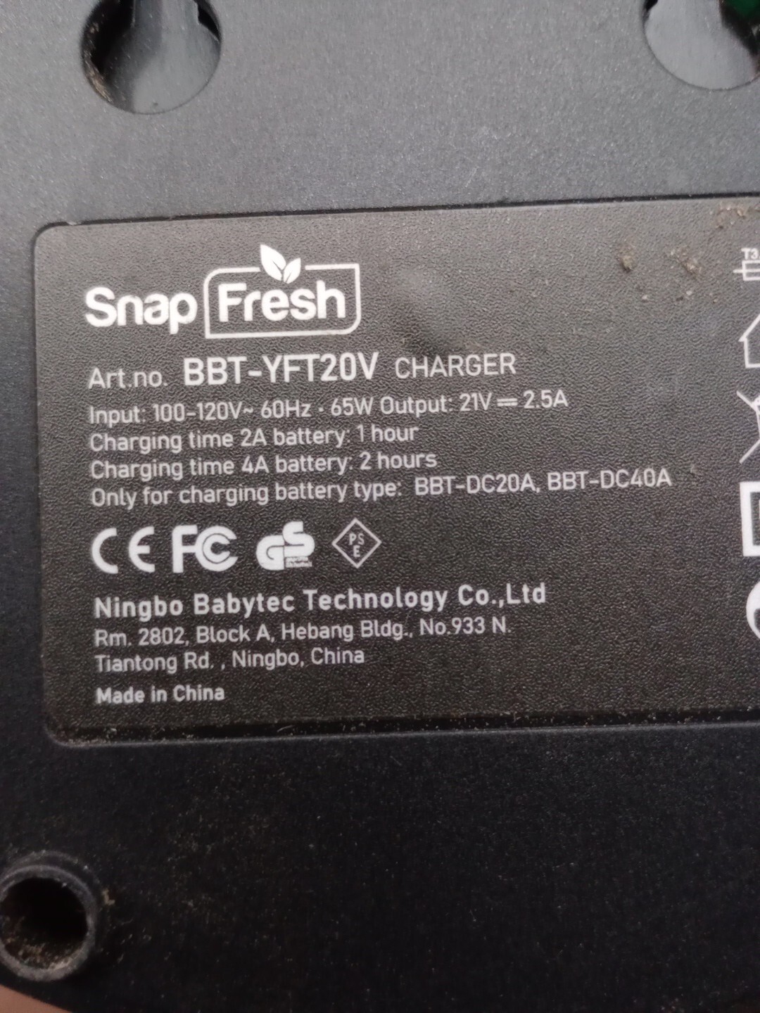 Snapfresh 20V Battery Charger BBT-DC20A bbt-dc40a
