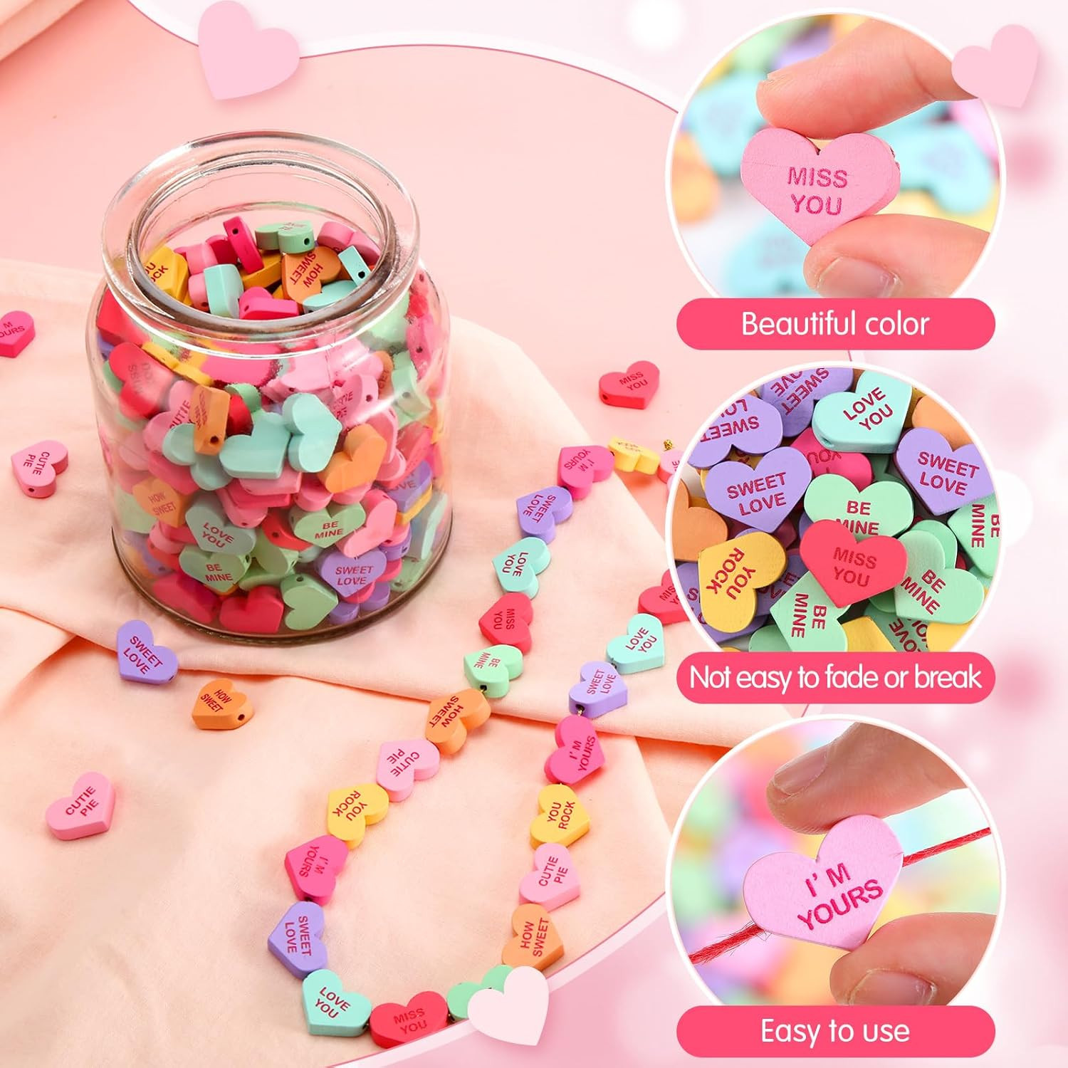 320 Pcs Valentine’S Day Wooden Heart Beads Conversation Hearts Beads 16 Mm Heart