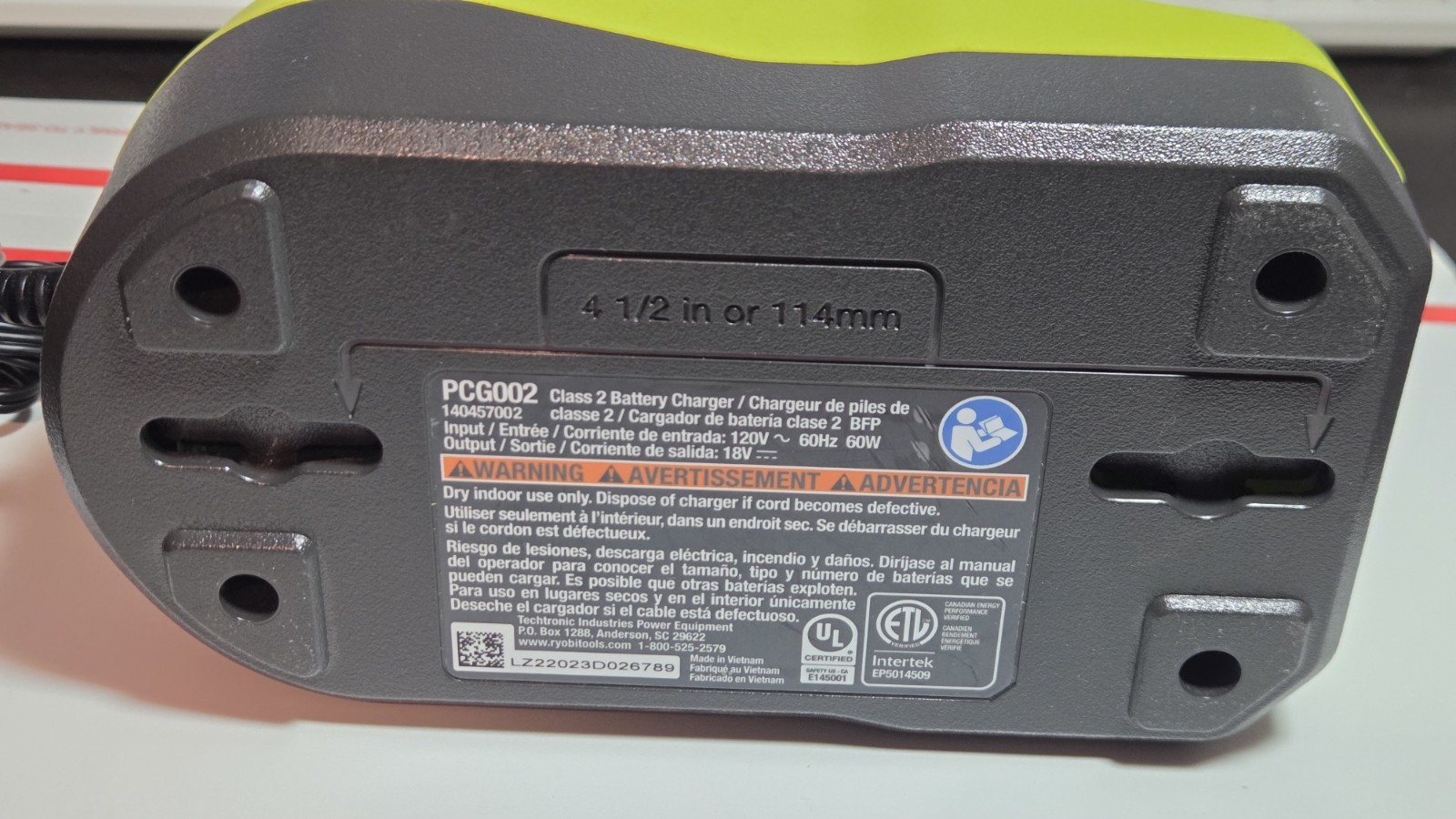 RYOBI PCG002 18V ONE+ Li-Ion Battery Wall Charger Tested Working NO Battery