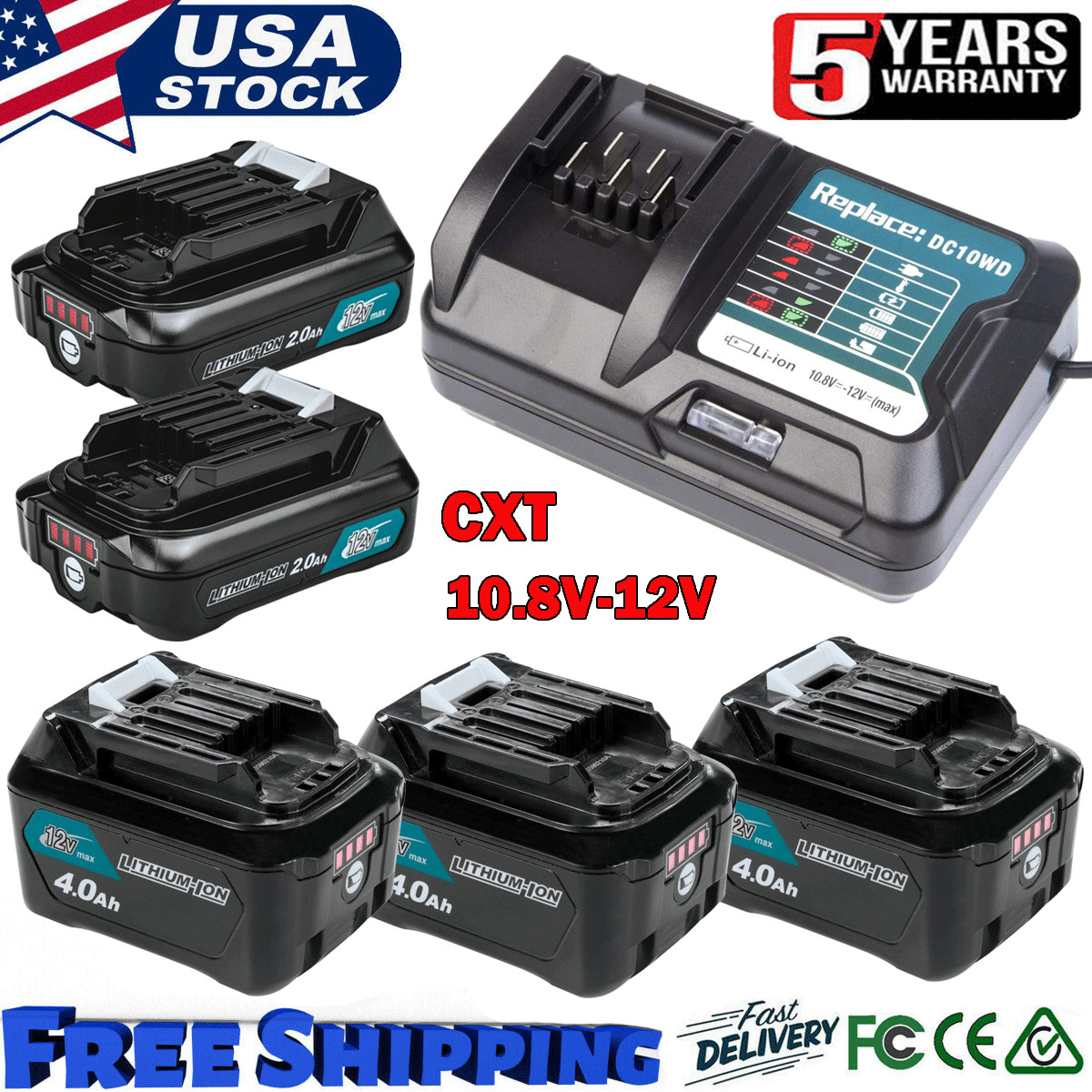4.0Ah Makita 12V MAX CXT Li-ion BL1041B BL1021 1016 10.8V Battery DC10WD Charger