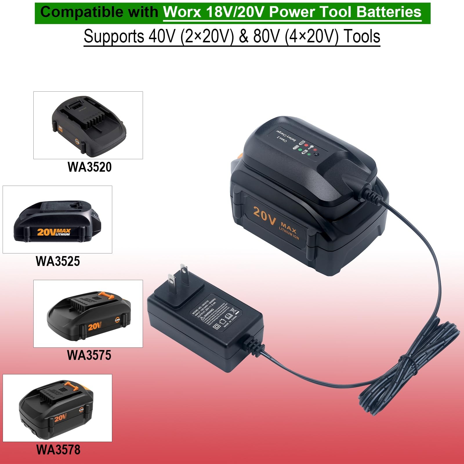 Compatible with Worx 20V Lithium Battery Charger, WA3742 Charger Compatible with