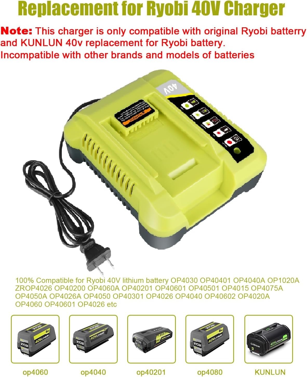 Unbranded OP401 40-Volt Battery Lithium-Ion Charger for Ryobi–See Description