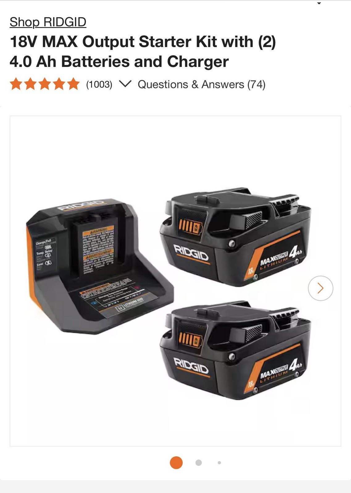 RIDGID 18V Lithium-Ion Two 4 Ah Battery & Charger Kit, Charges Battery, Orange