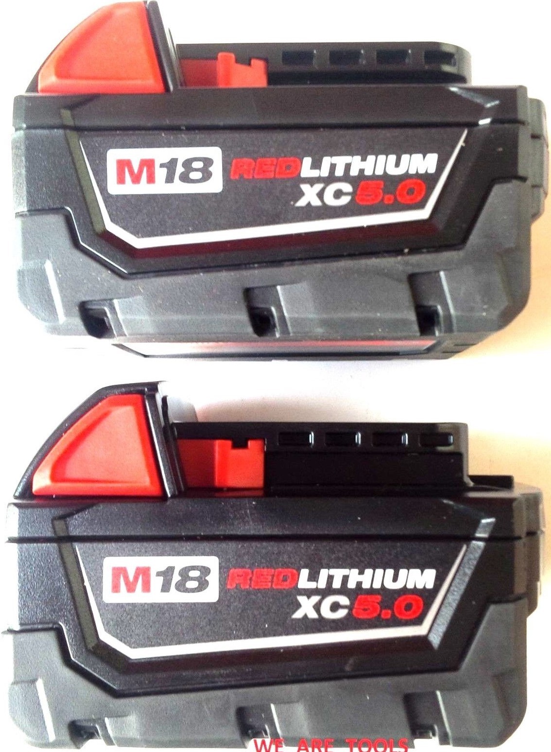 (5) New 18V Milwaukee 48-11-1850 5.0 AH Batteries, (1) Charger, M18 18 Volt Red