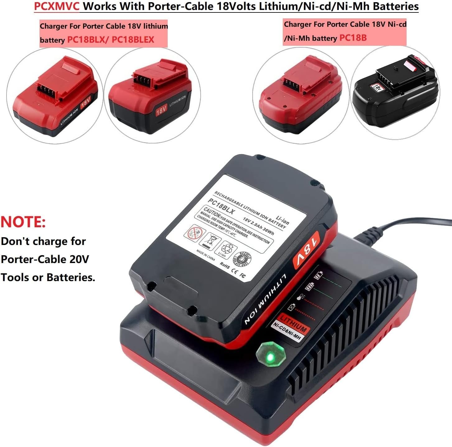 For Porter Cable 18V Lithium-Ion & NiCad NiMh Battery Charger PCXMVC PCMVC PC18B
