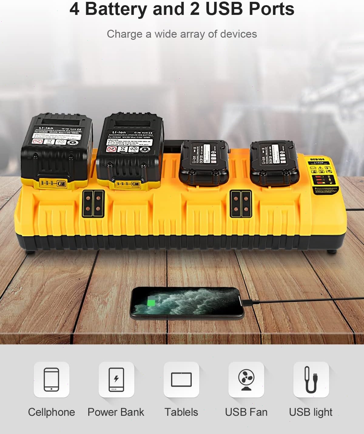 For Genuine DEWALT 4-Port DCB104 Fast Charger 12V/20V Lithium DCB184 XR Battery