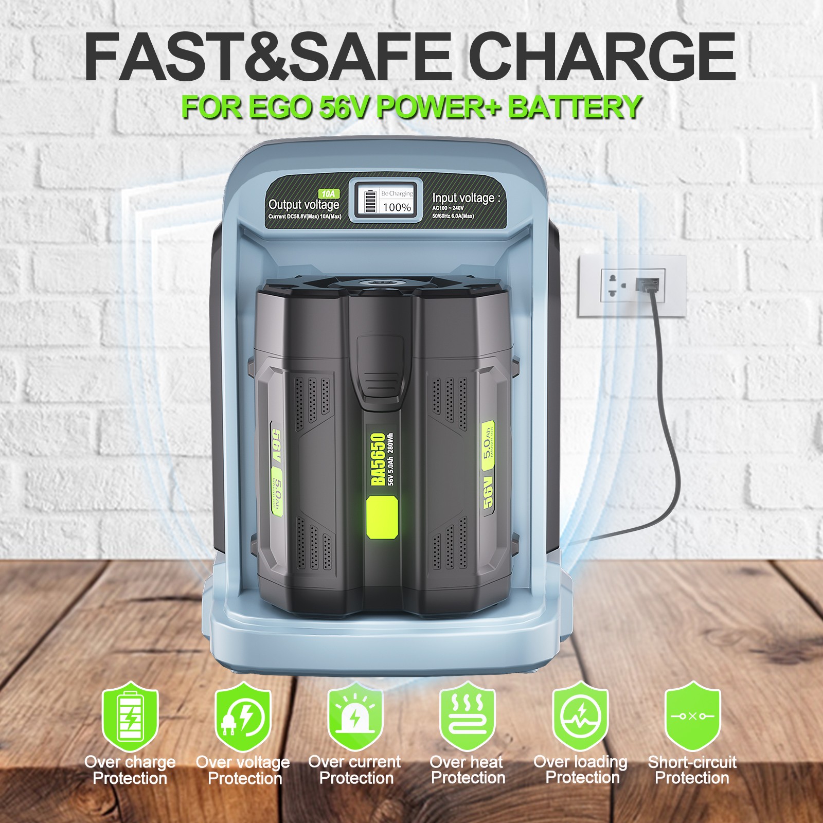 10.0A Rapid Charger For EGO 56V Battery BA1400T BA2242T BA2800T BA4200T BA3360T