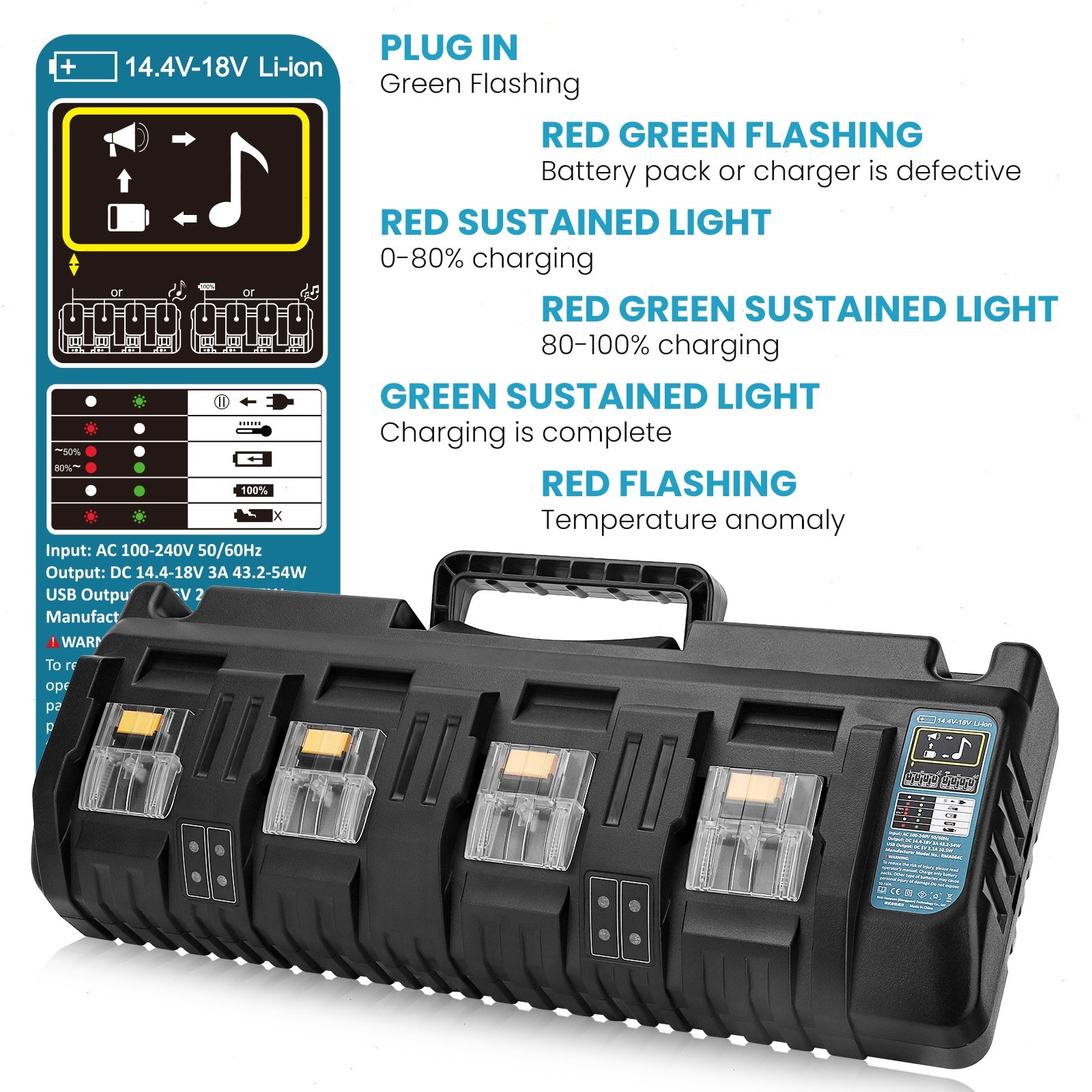 DC18SF 18V LXT Li‑Ion 4-Port Battery Charger Replace for Makita 18 Volt Battery