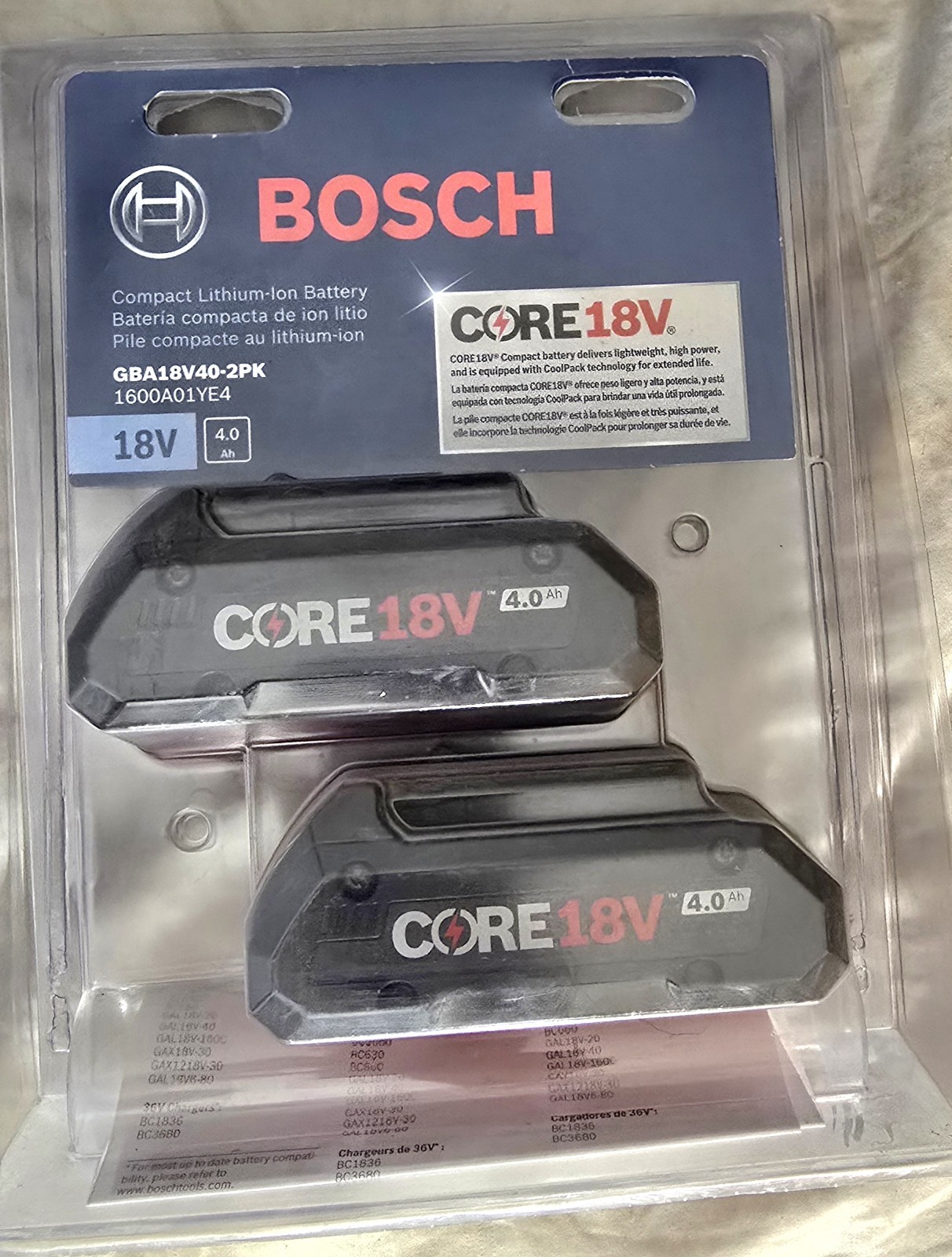 BOSCH GBA18V40-2PK CORE 4.0 Ah 18V Volt Li-Ion Compact Battery Packs