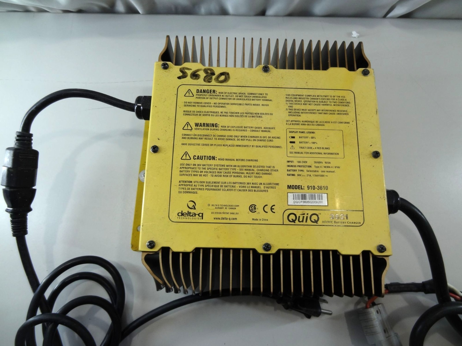 Delta-Q QuiQ 910-3610 Battery Charger 48V 18A Yellow Aluminum Case With Cables