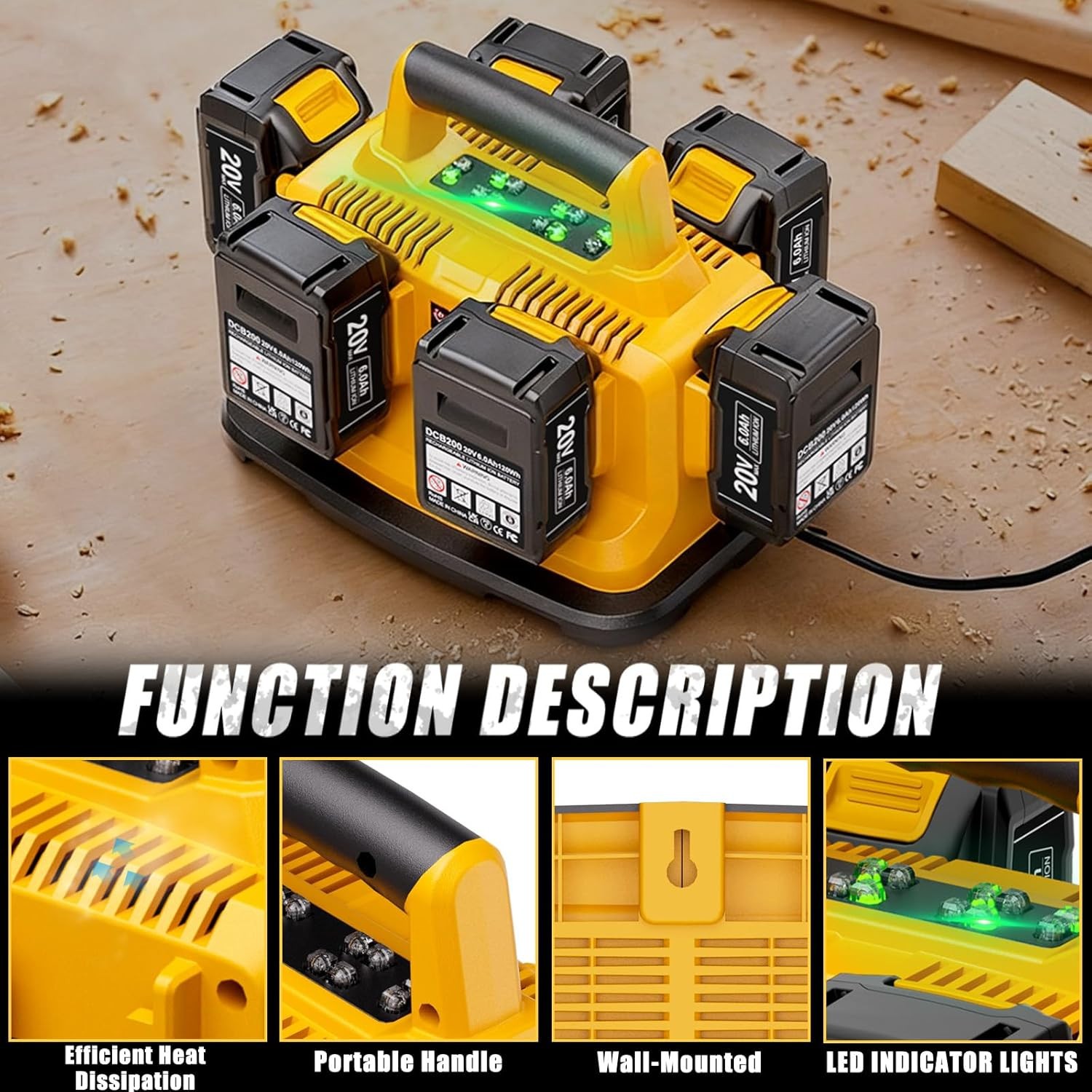 6-Port Simultaneous Charger for Dewalt 20V Max/60V Flexvolt DCB200 DCB203 DCB204