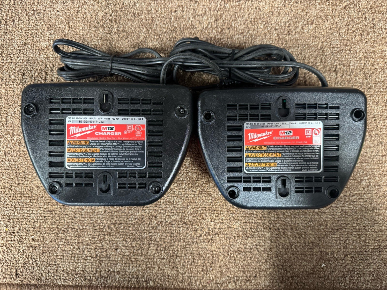 TWO Milwaukee M12 Battery Chargers Lithium-Ion 12V 48-59-2401