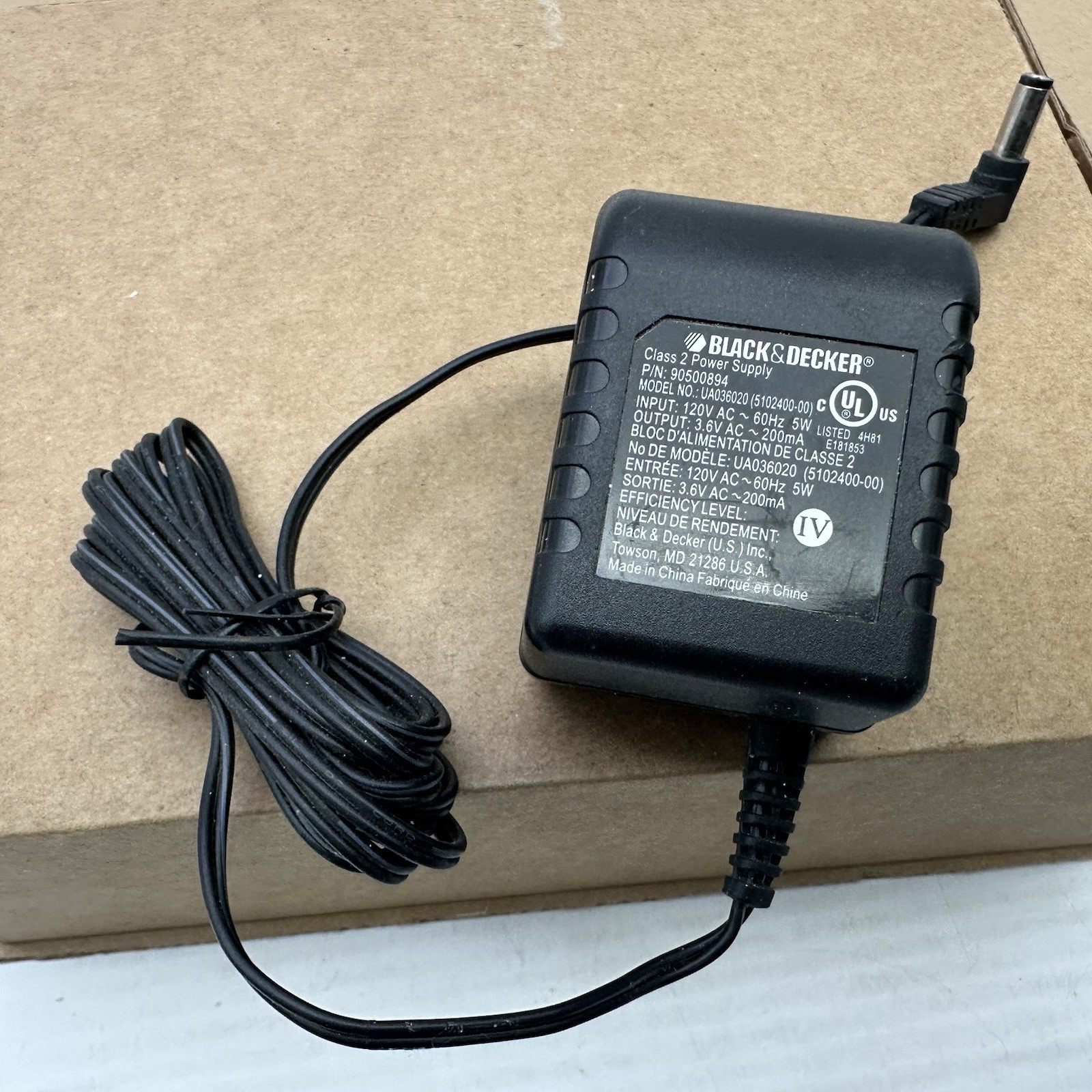 Black & Decker Class 2 Power Supply Charger P/N 90500894 Output 3.6V AC 200mA