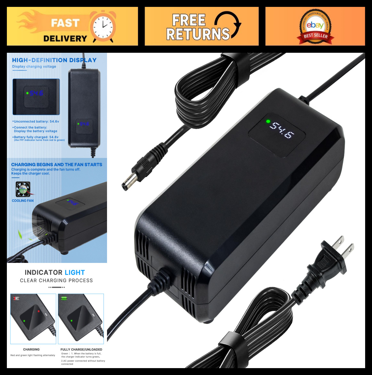 54.6V 4A Lithium Battery Charger for 48V 13s Li-ion, HD Voltage Display, Safety