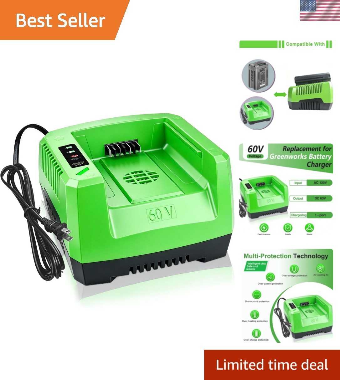 Quick Charge Greenworks 60V Charger with LED Indicator & Safety Features