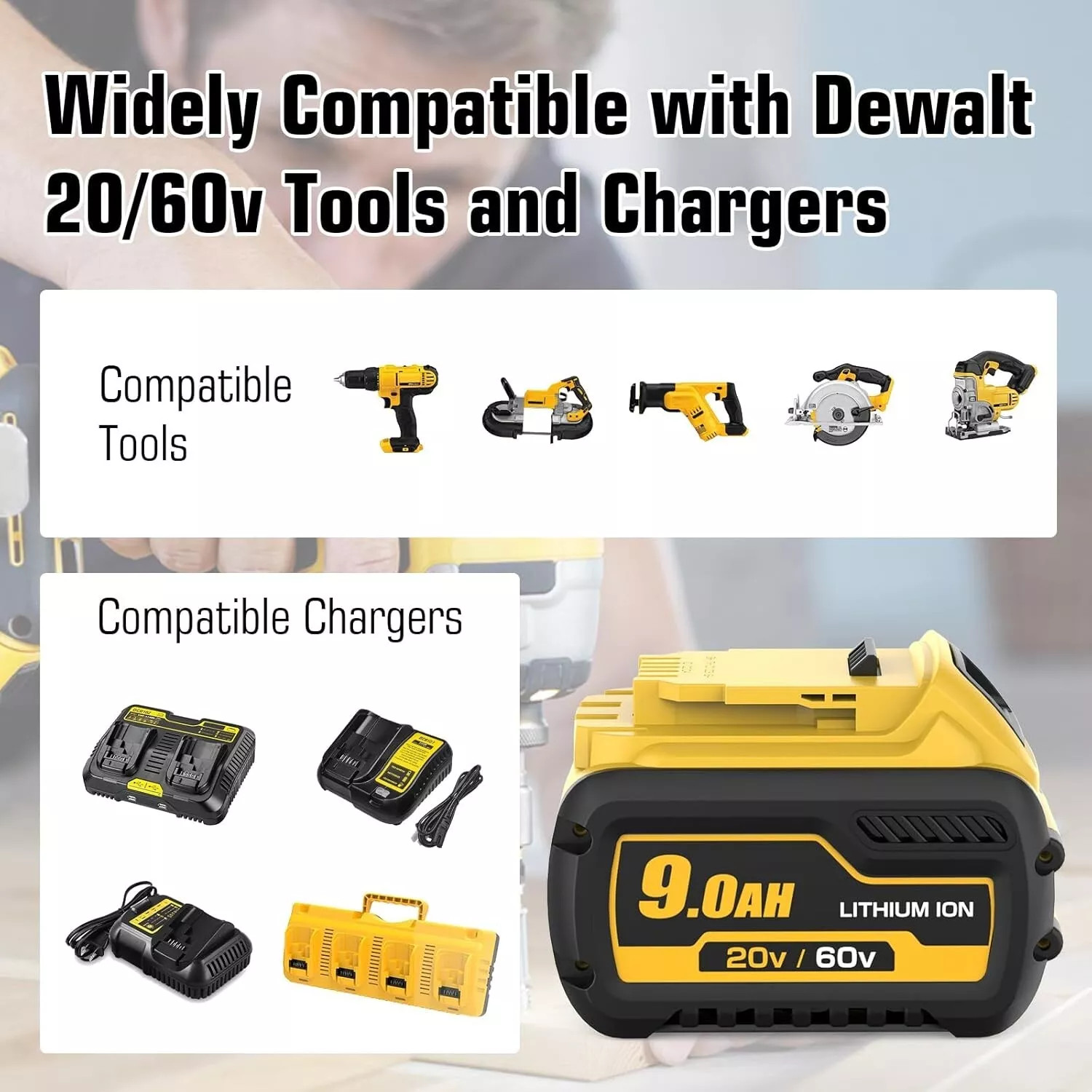 4Pack 9.0Ah for DeWalt 20V/60V MAX Battery Lithium-ion DCB609 / 4 Ports Charger