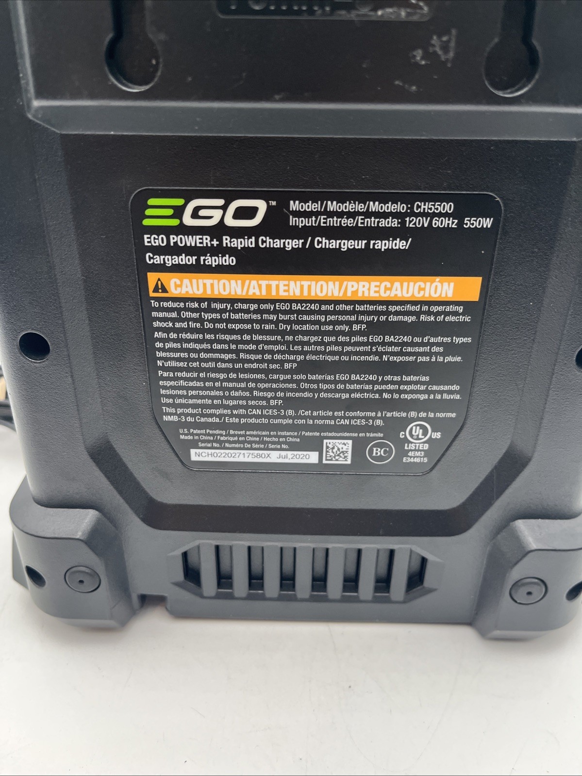 EGO Power+ 120V 60Hz 550W Rapid Battery Charger Model CH5500 Gray Tested Working