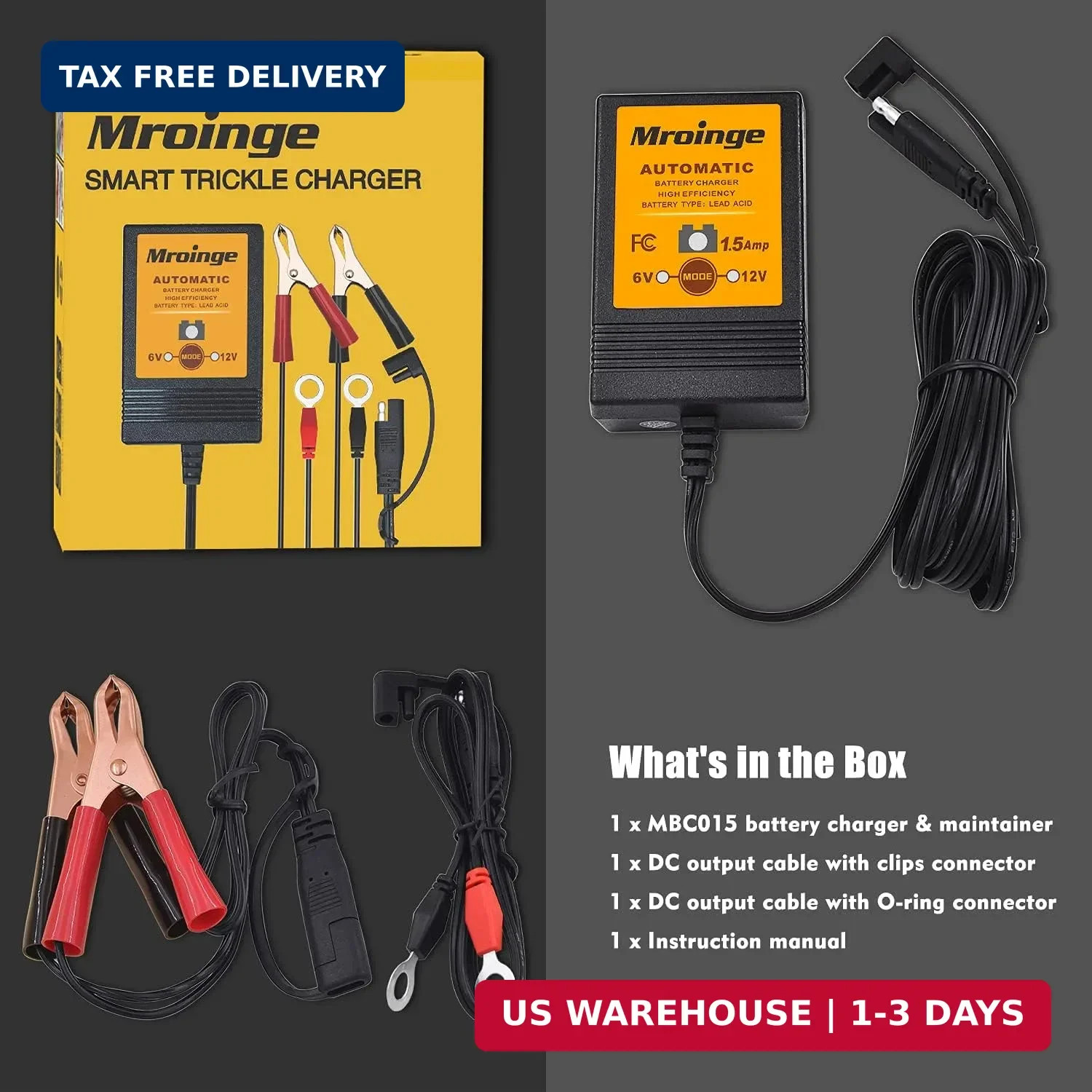 Smart Battery Charger, Mroinge 6V / 12V 1.5A Fully Automatic Trickle Charger/Mai