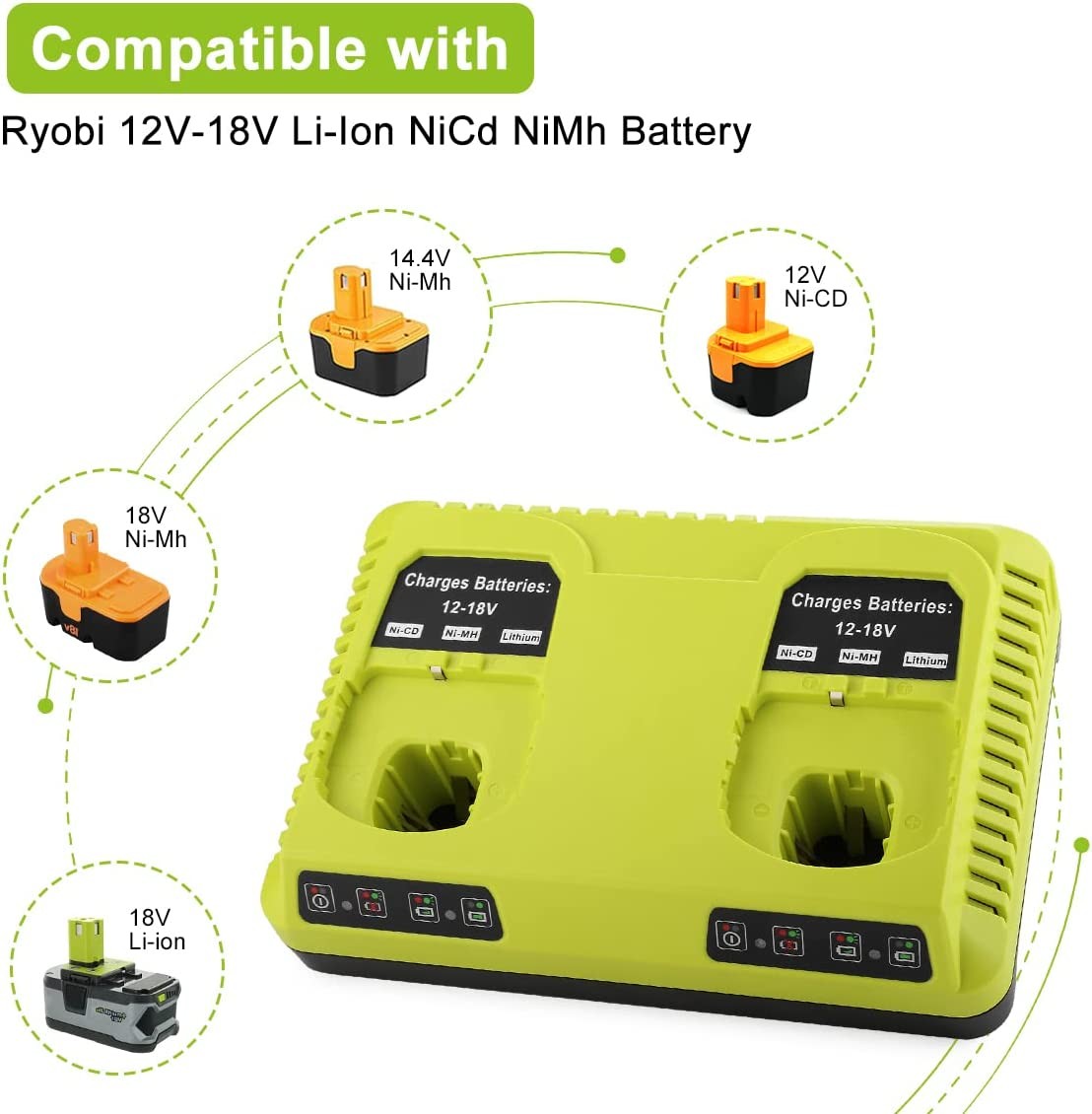 P107 P108 P117 2 Port 12-18V Dual Charger for Ryobi Li-ion Ni-CD Ni-MH Battery