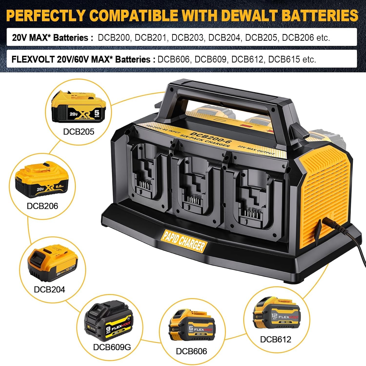 6-Ports Simultaneous Rapid Charger Station for Dewalt 20v Lithium Ion Battery US