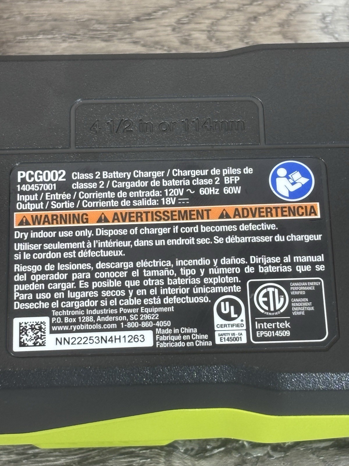 Genuine Ryobi 18V One+ Li-Ion Battery Charger PCG002. Battery Not Included