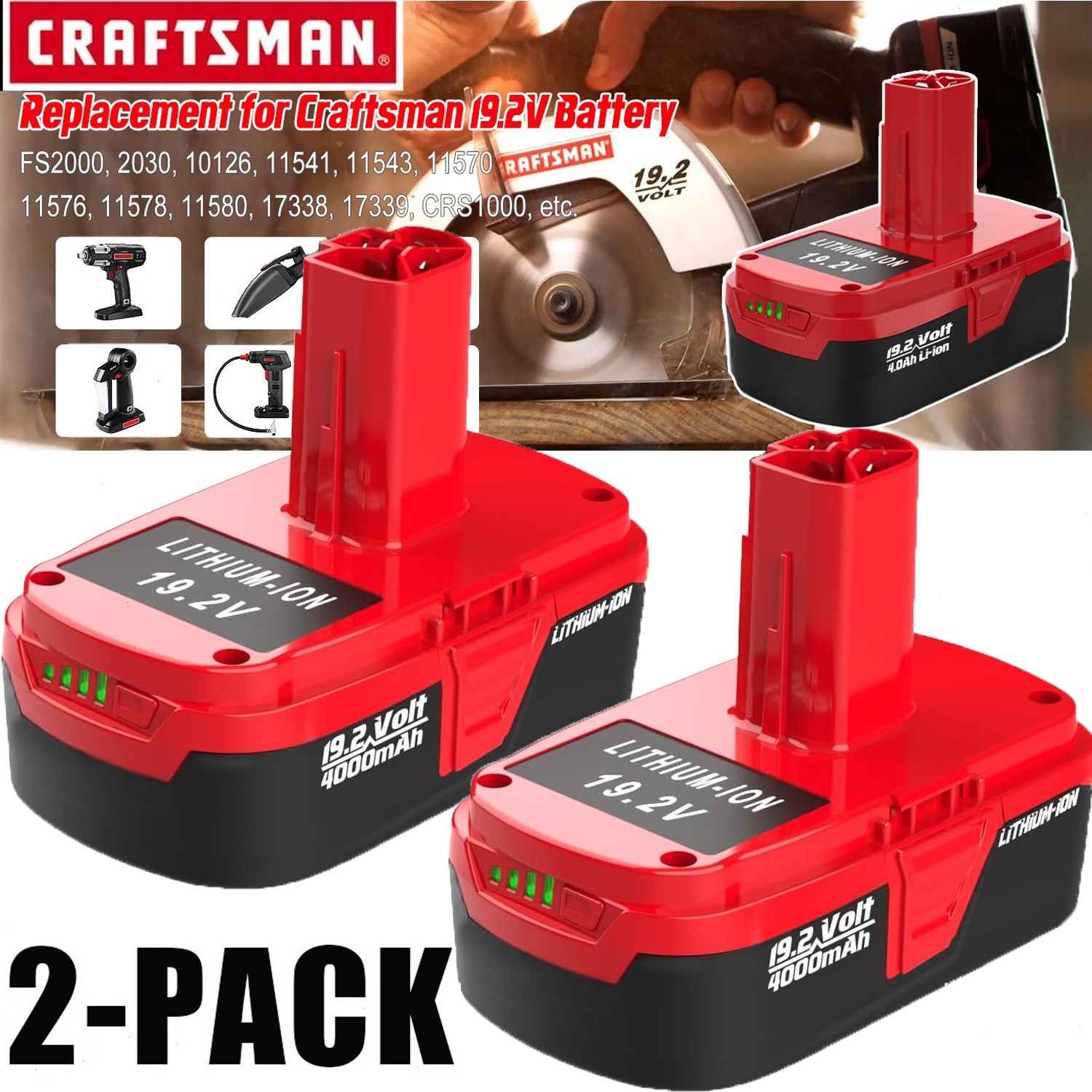 2/4Packs 4.0Ah Lithium-ion Battery for Craftsman C3 19.2V Battery 11375 11570