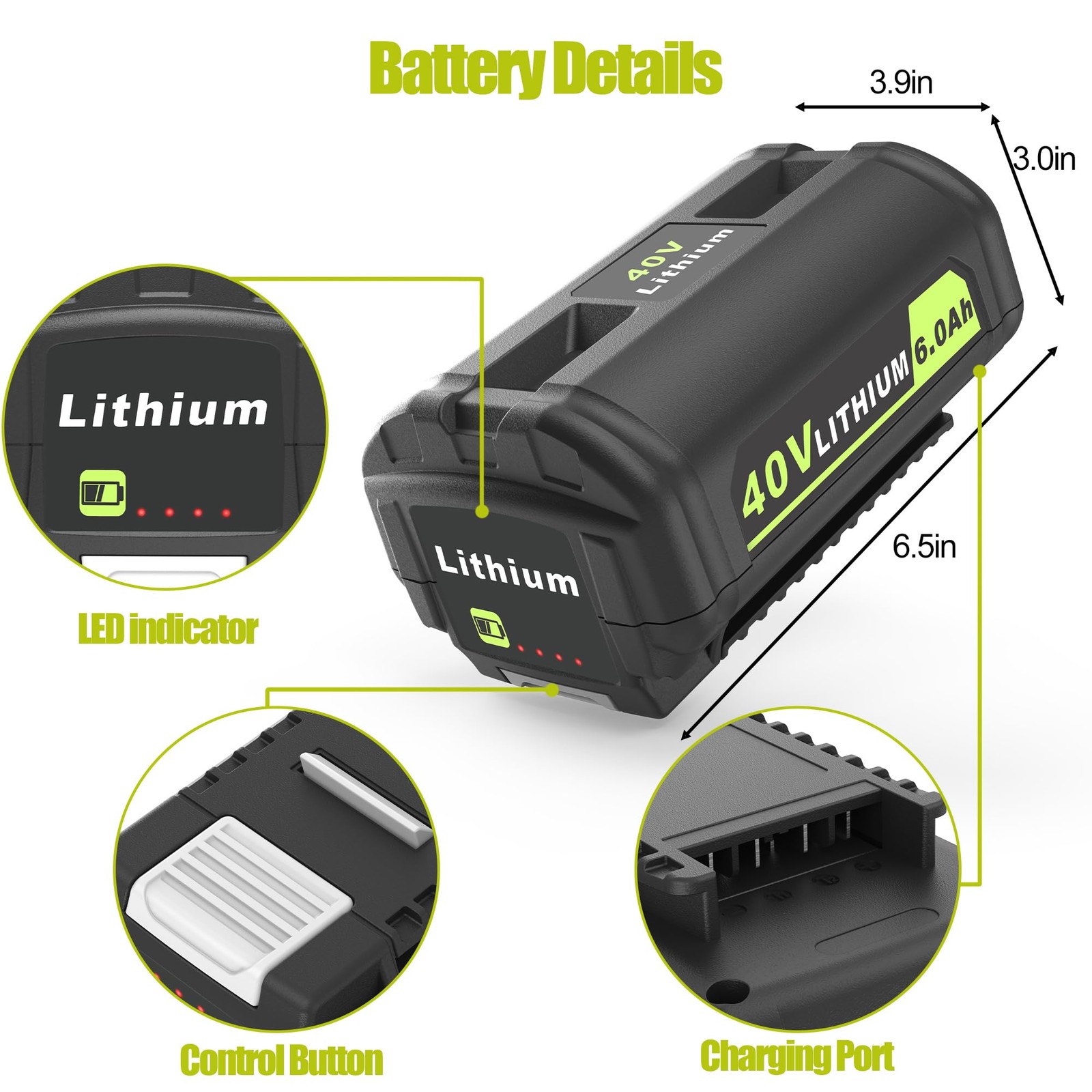 Peyesten 6.0Ah Battery Replace Ryobi 40V Lithium-Ion Battery 6.0Ah Op4040