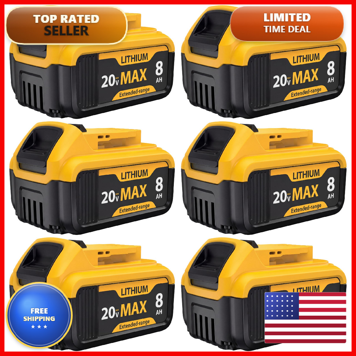 Wwc 6-Pack 8000Mah Lithium-Ion For Dewalt 20V Max Dcb200 Dcb201 Dcb204 Dcb206